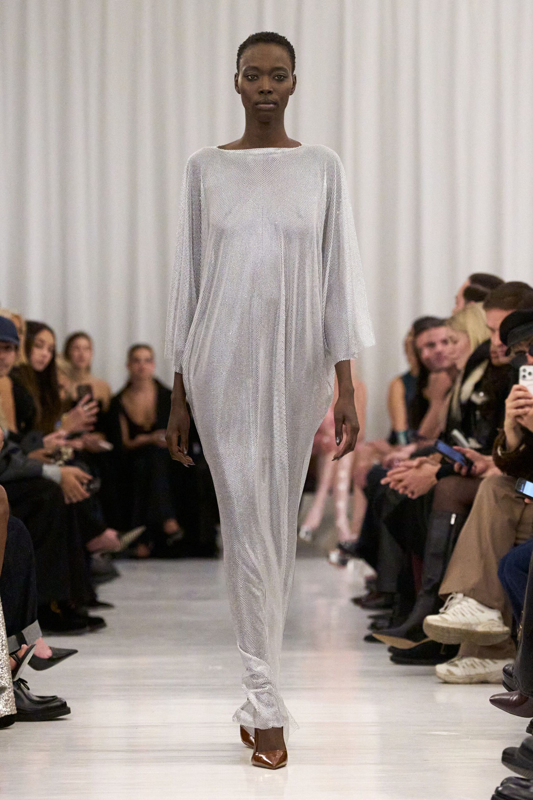 gray metallic long-sleeve relaxed draped shiny maxi gown