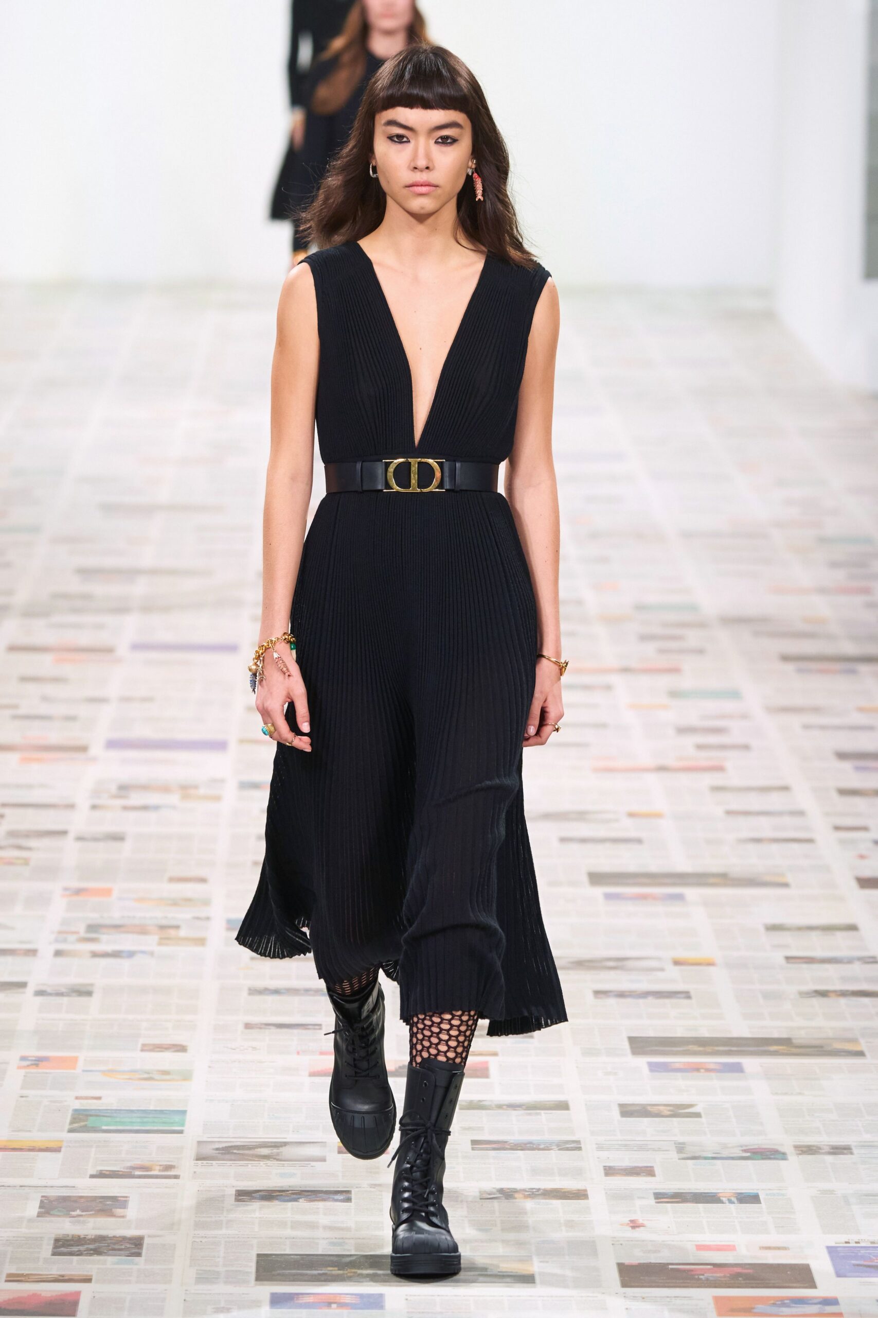 black cotton sleeveless v-neck fitted pleated flared dress