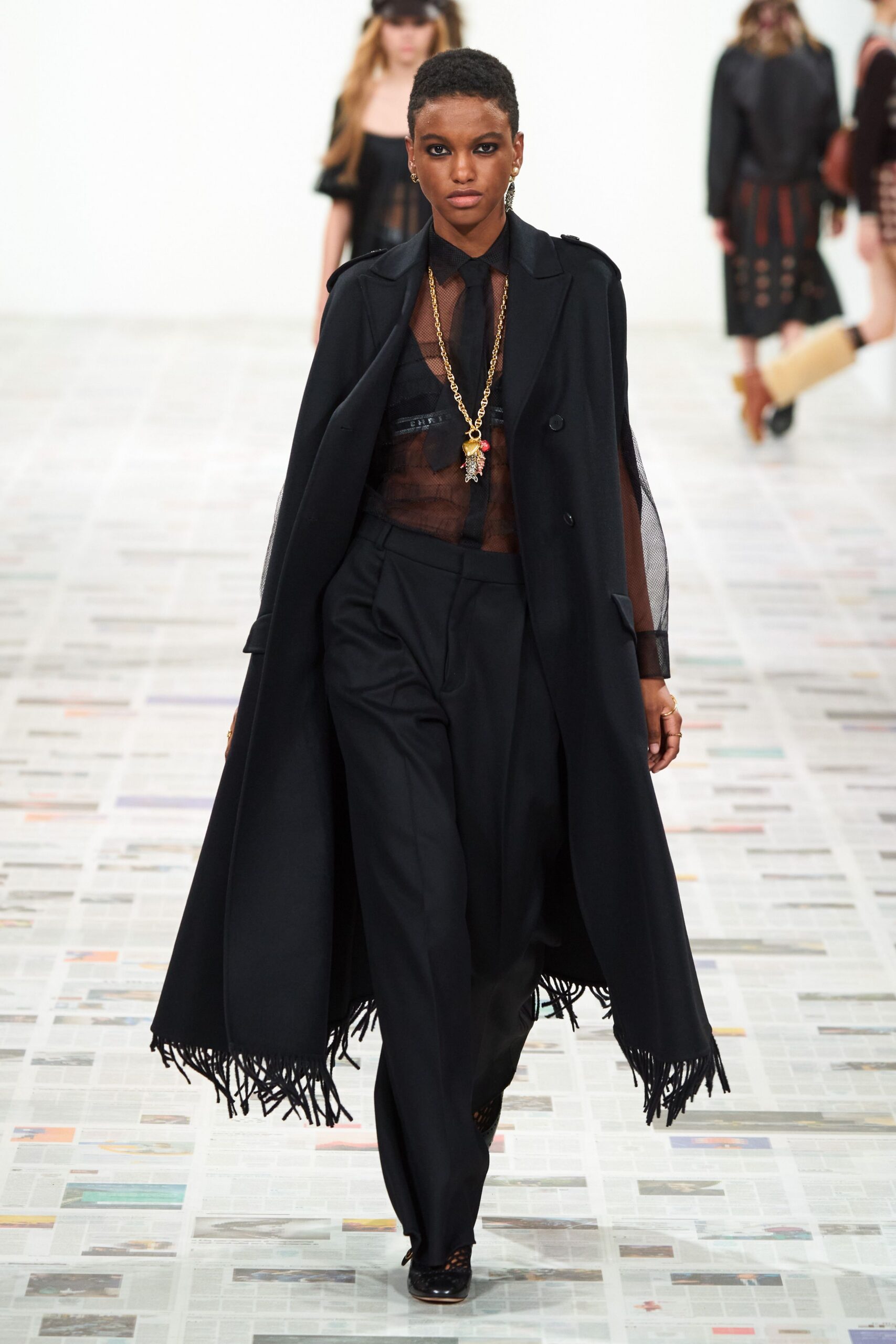 black wool long-sleeve collared fitted fringed maxi coat