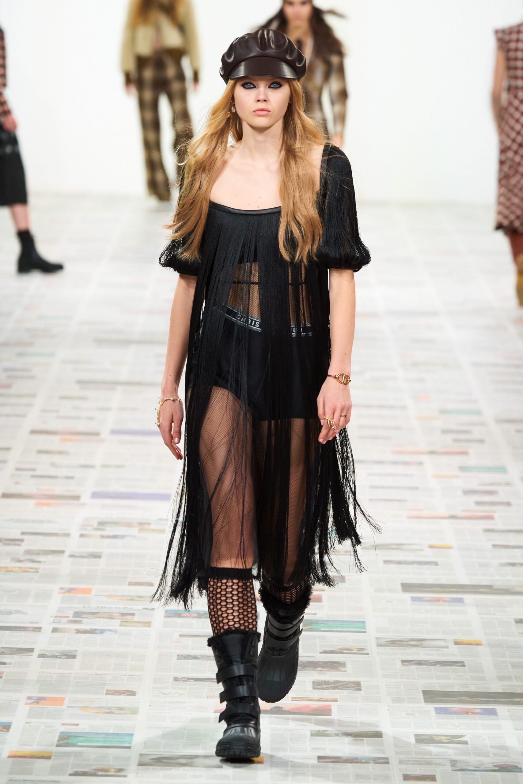 black silk sleeveless off-shoulder fitted fringed sheer dress