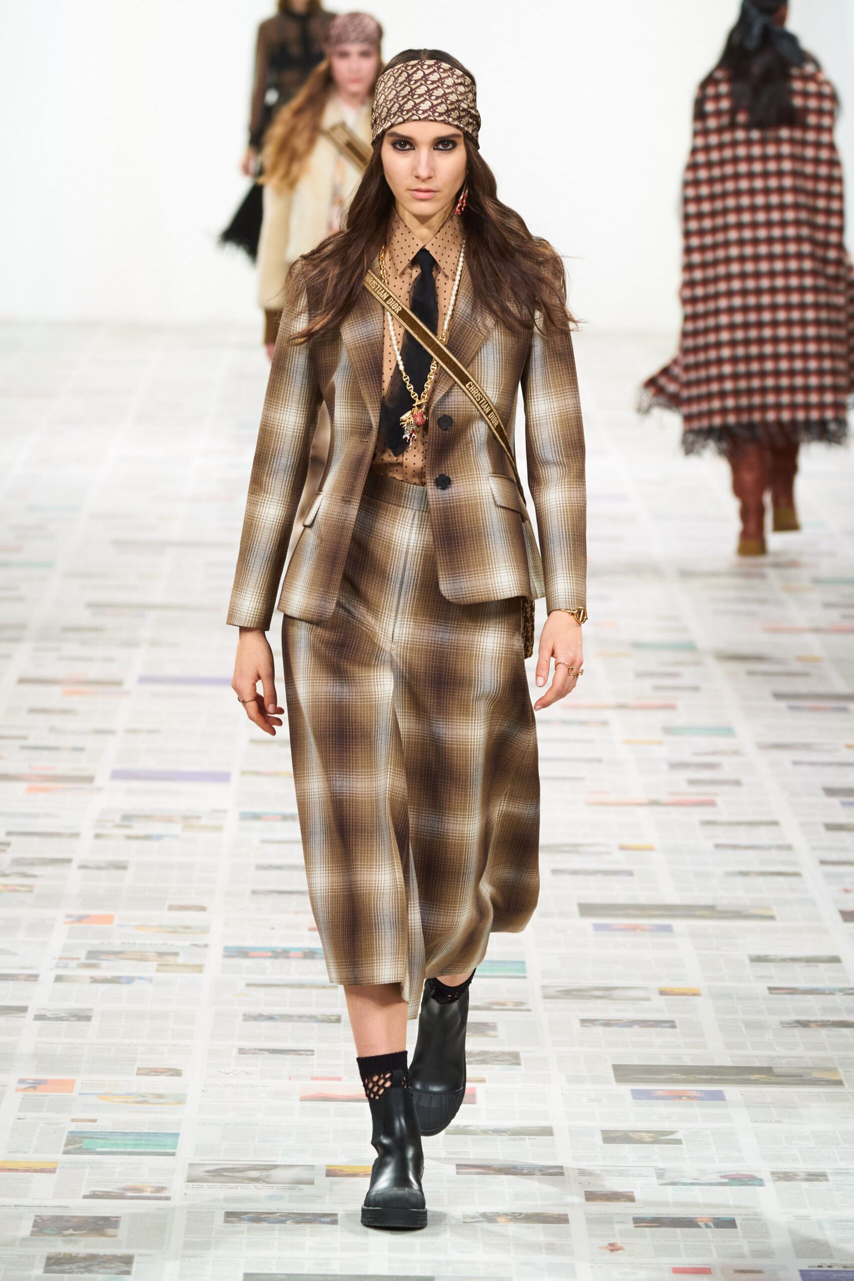 brown cotton relaxed checked pleated midi skirt