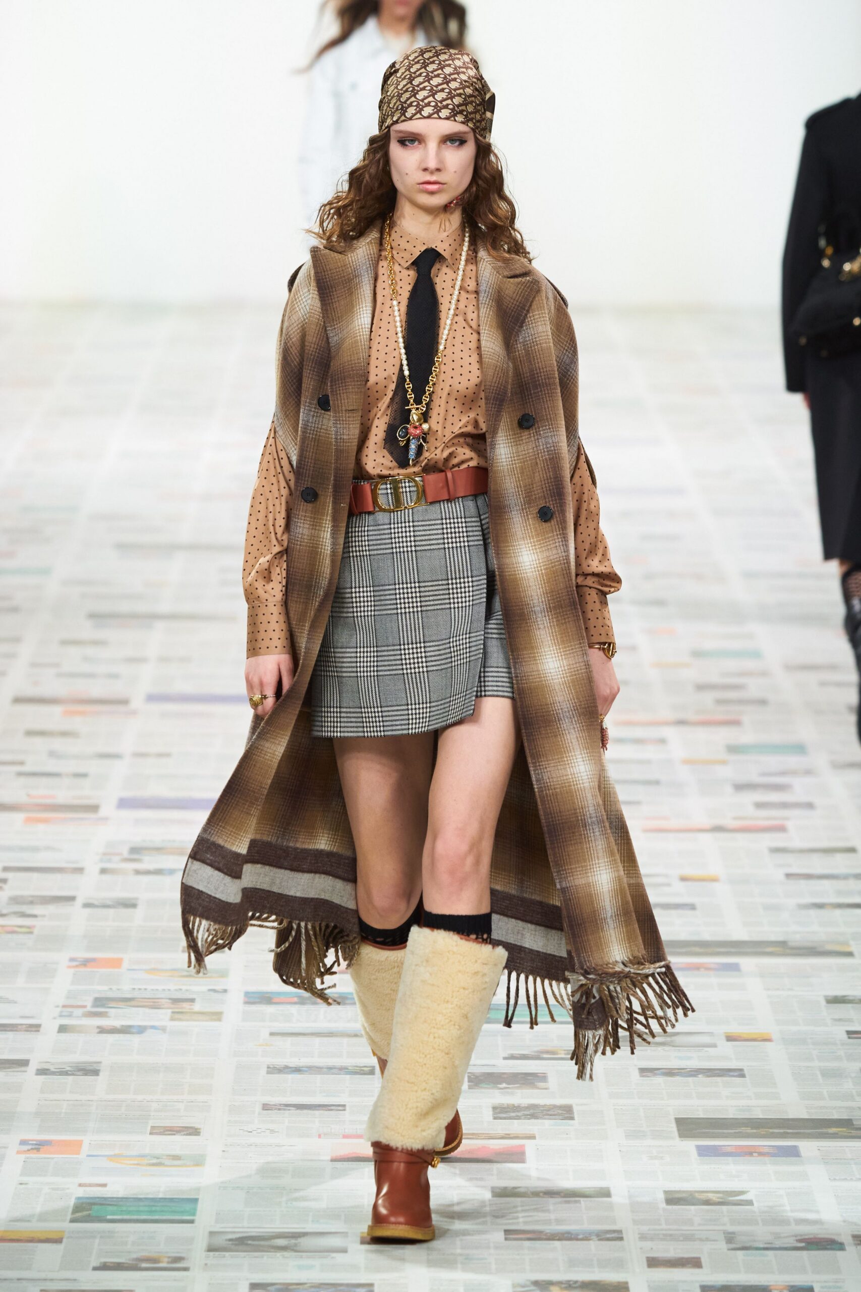 brown wool coat with plaid skirt