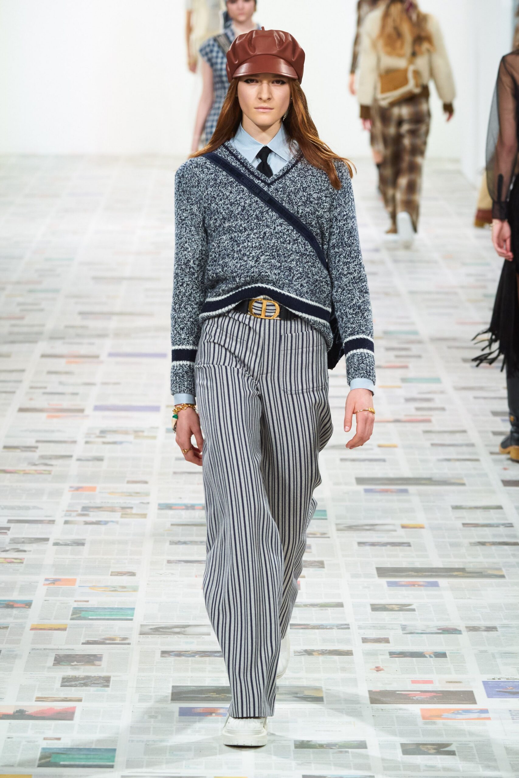 blue striped sweater with relaxed pants