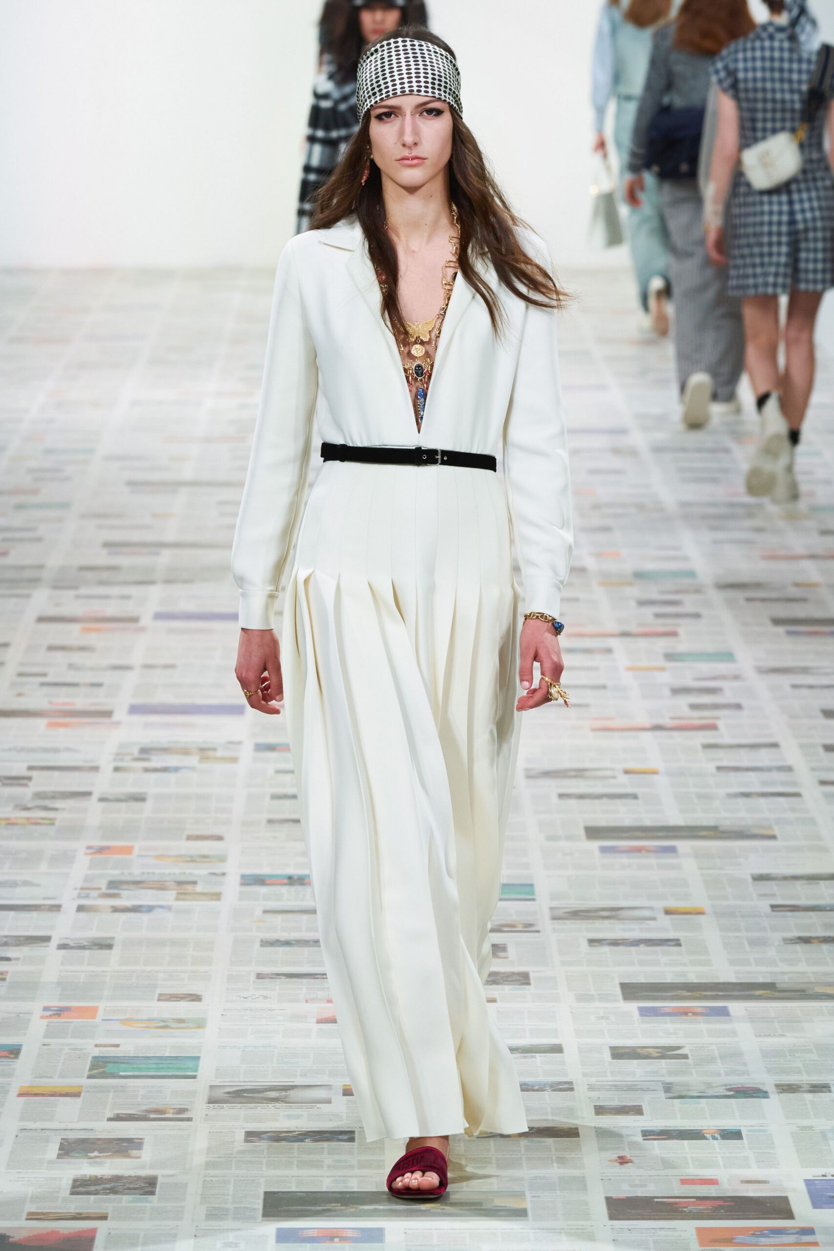 white silk long-sleeve v-neck fitted pleated maxi dress
