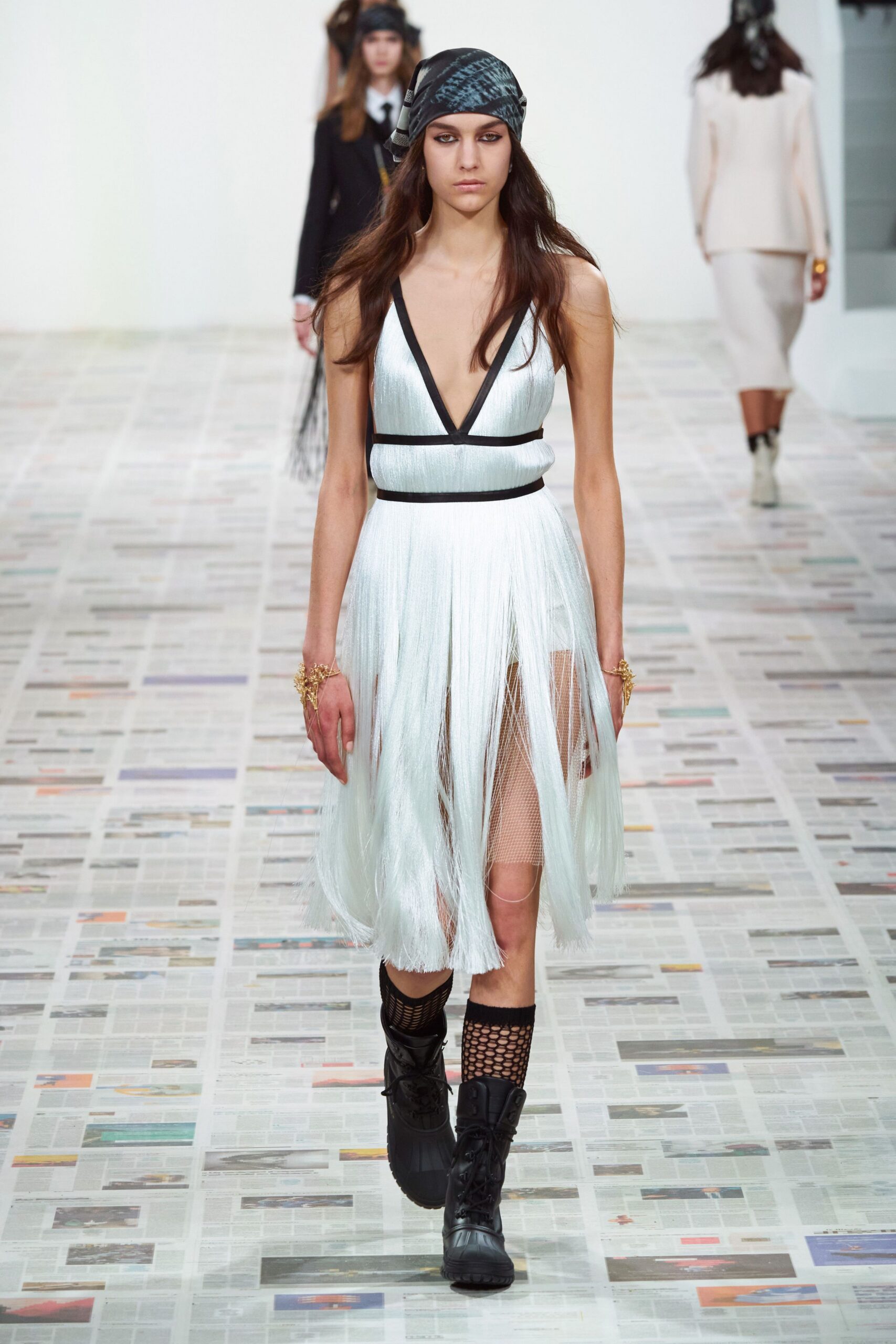 white silk sleeveless v-neck fitted fringed flowing dress