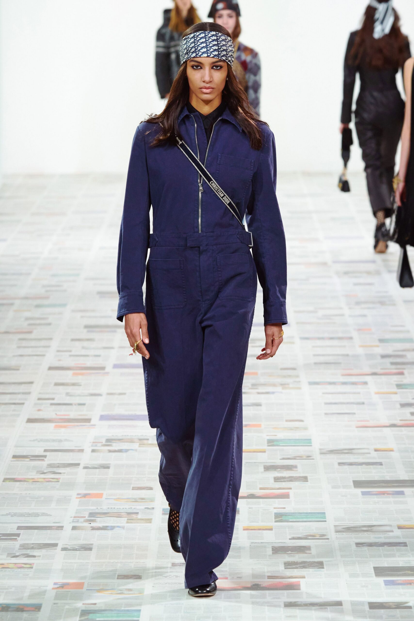 blue cotton long-sleeve collared relaxed zippered wide-leg jumpsuit