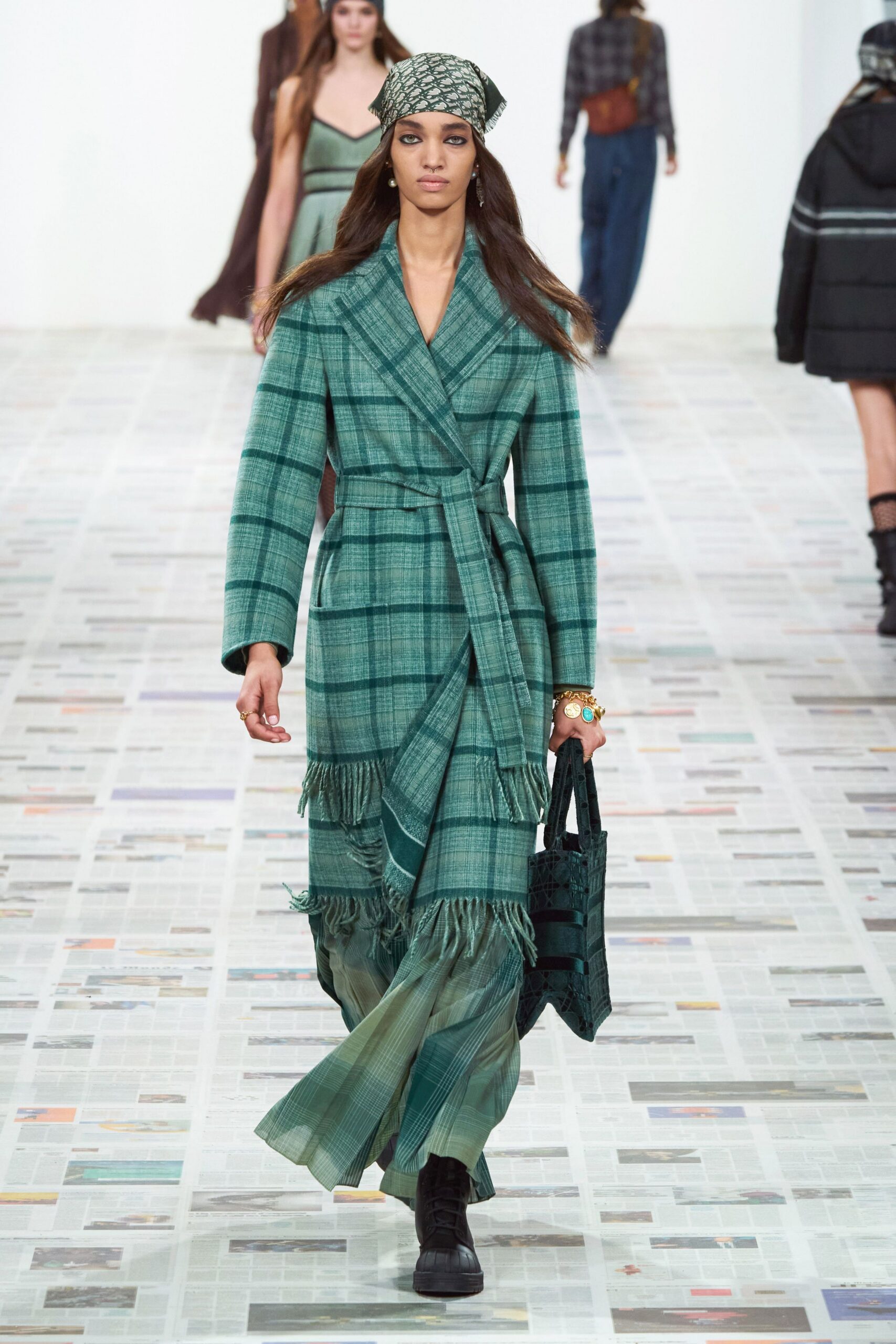 green cotton long-sleeve collared fitted fringed layered dress