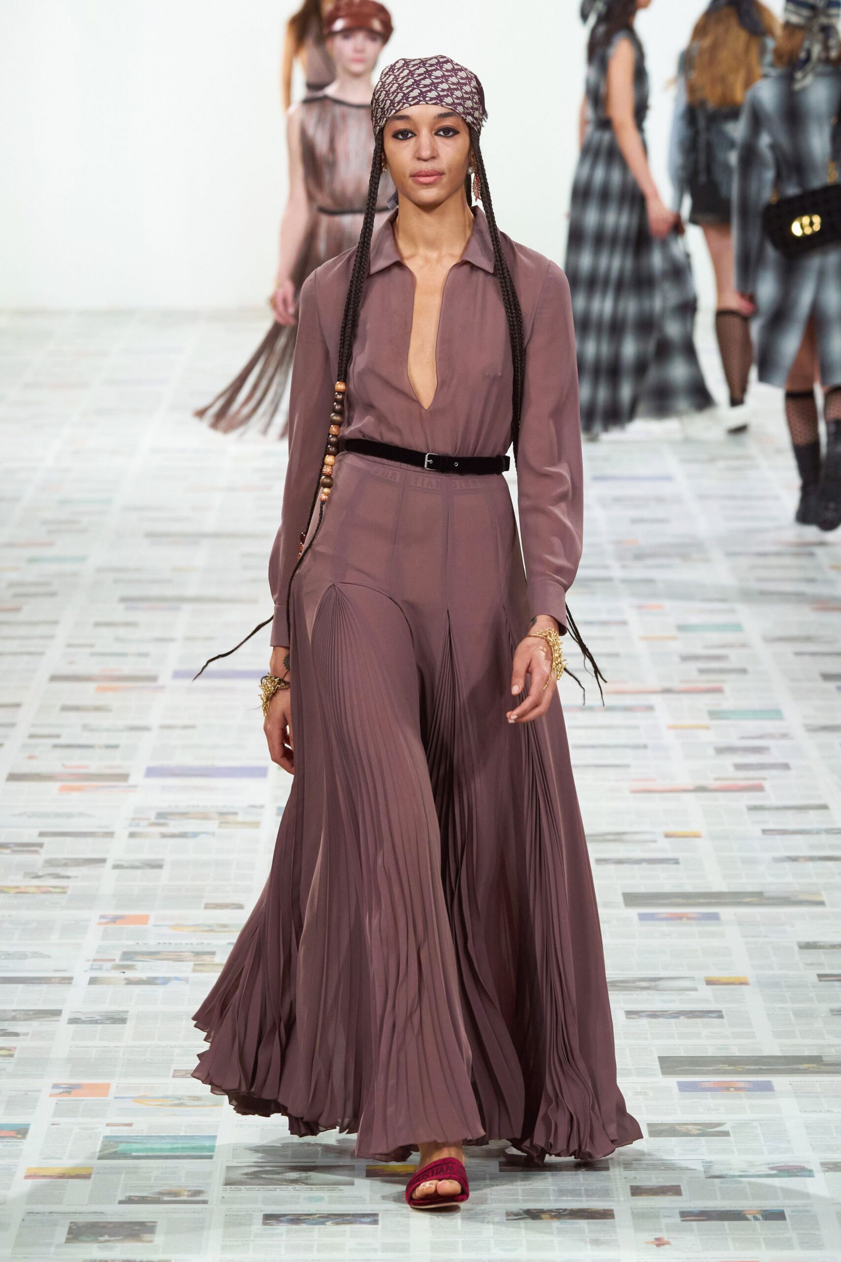 brown silk long-sleeve v-neck fitted pleated maxi dress