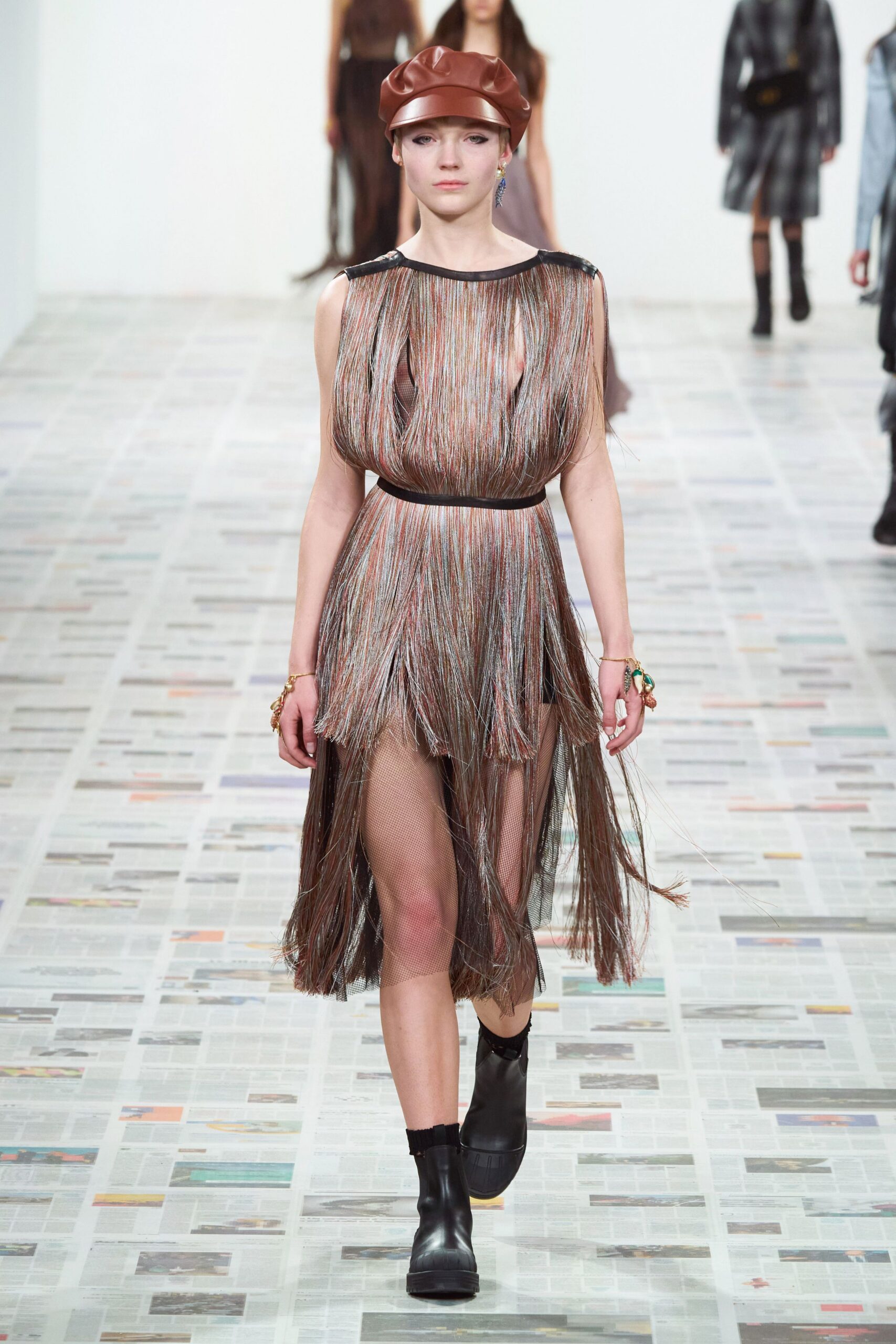 fringed brown mini dress with hat and boots