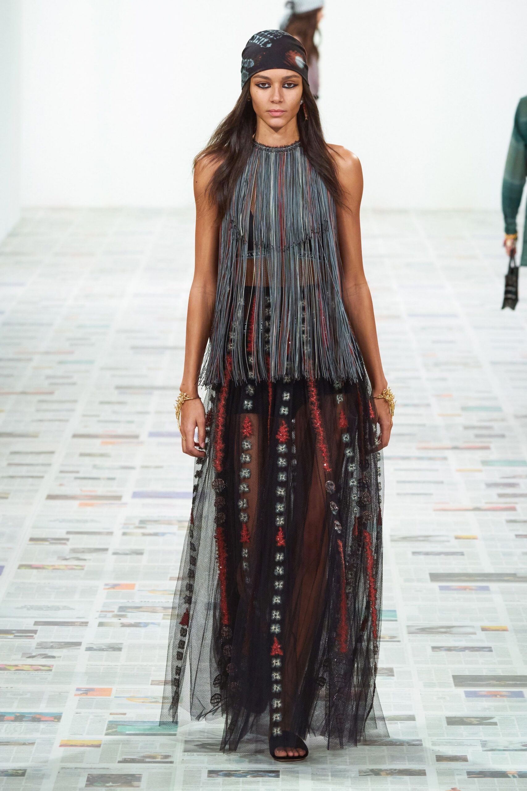black silk sleeveless high-neck fitted fringed sheer top