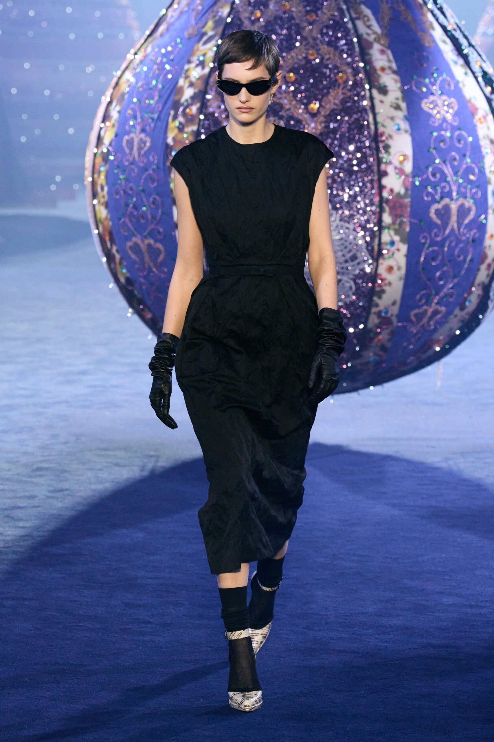 black fitted midi dress with gloves
