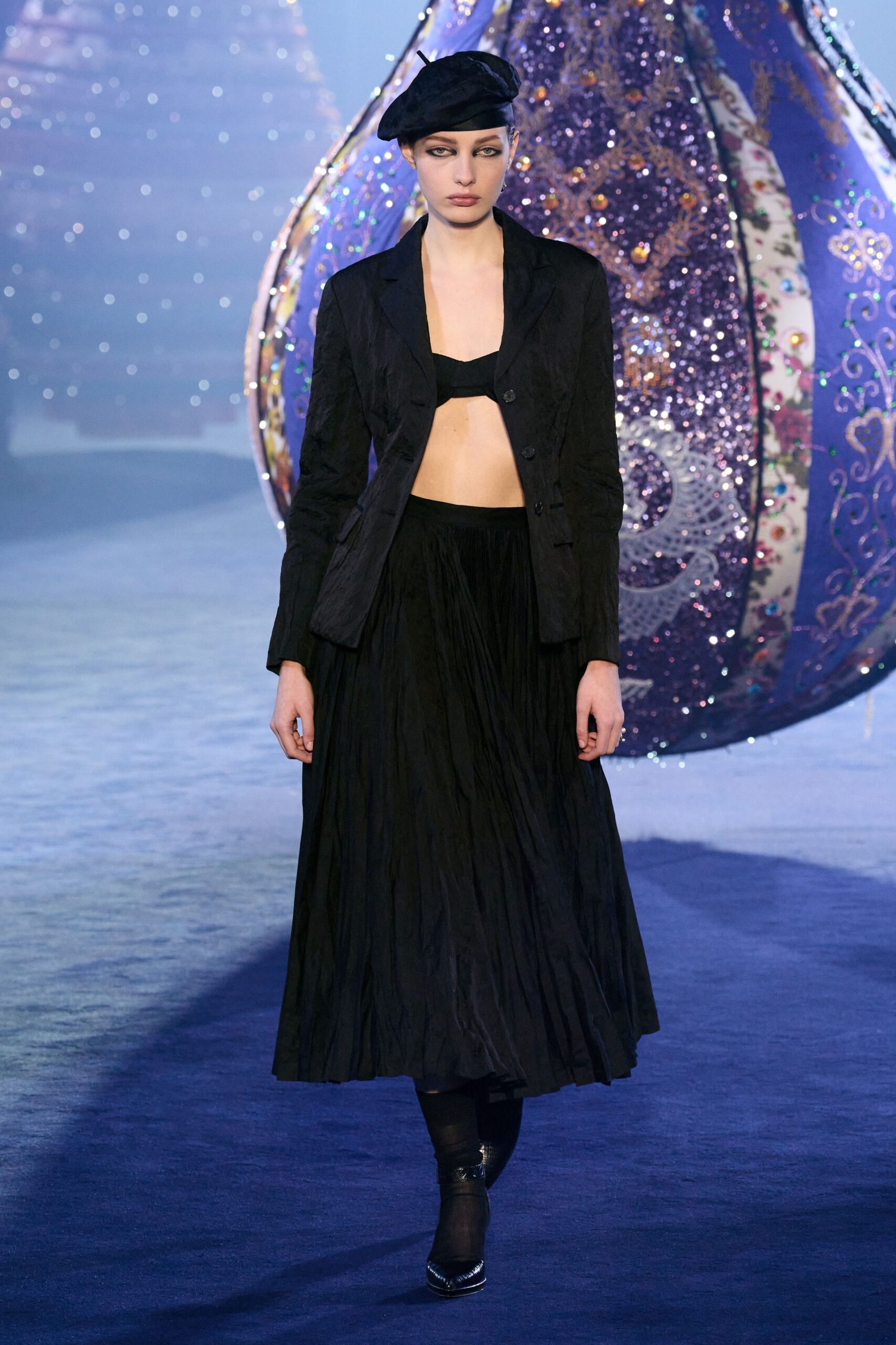 black blazer crop-top midi skirt
