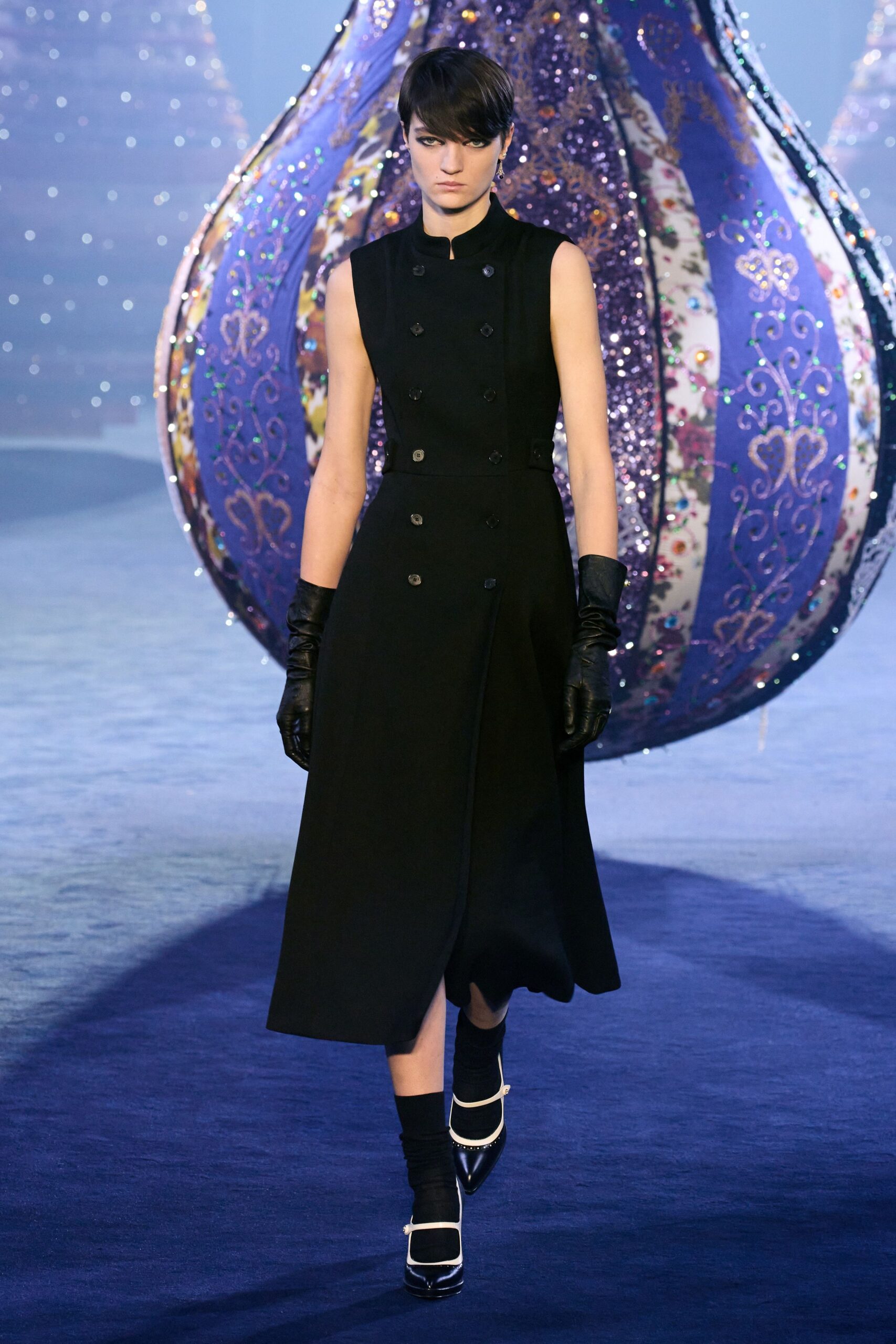 black fitted midi dress with gloves