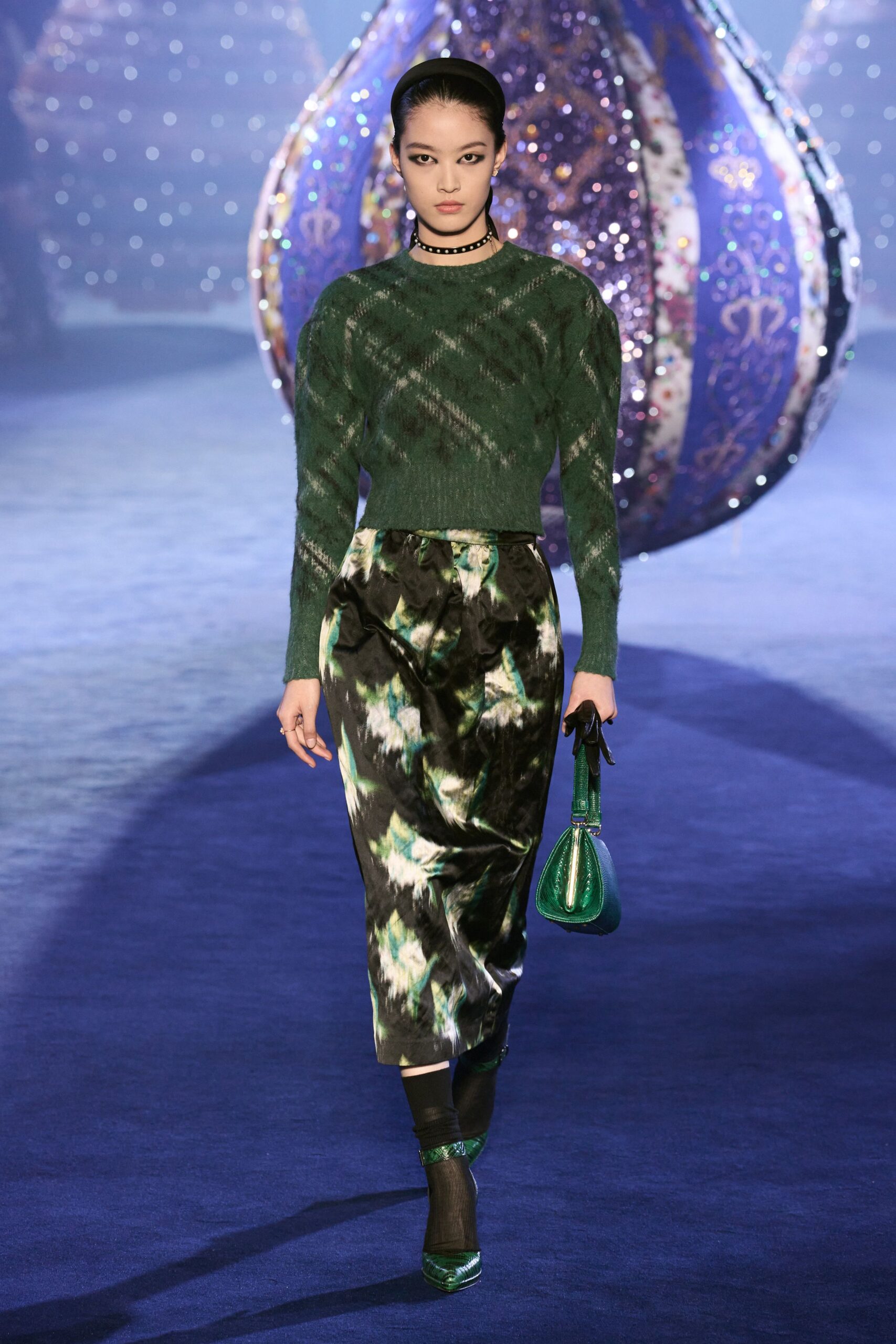 green wool fitted top and midi skirt