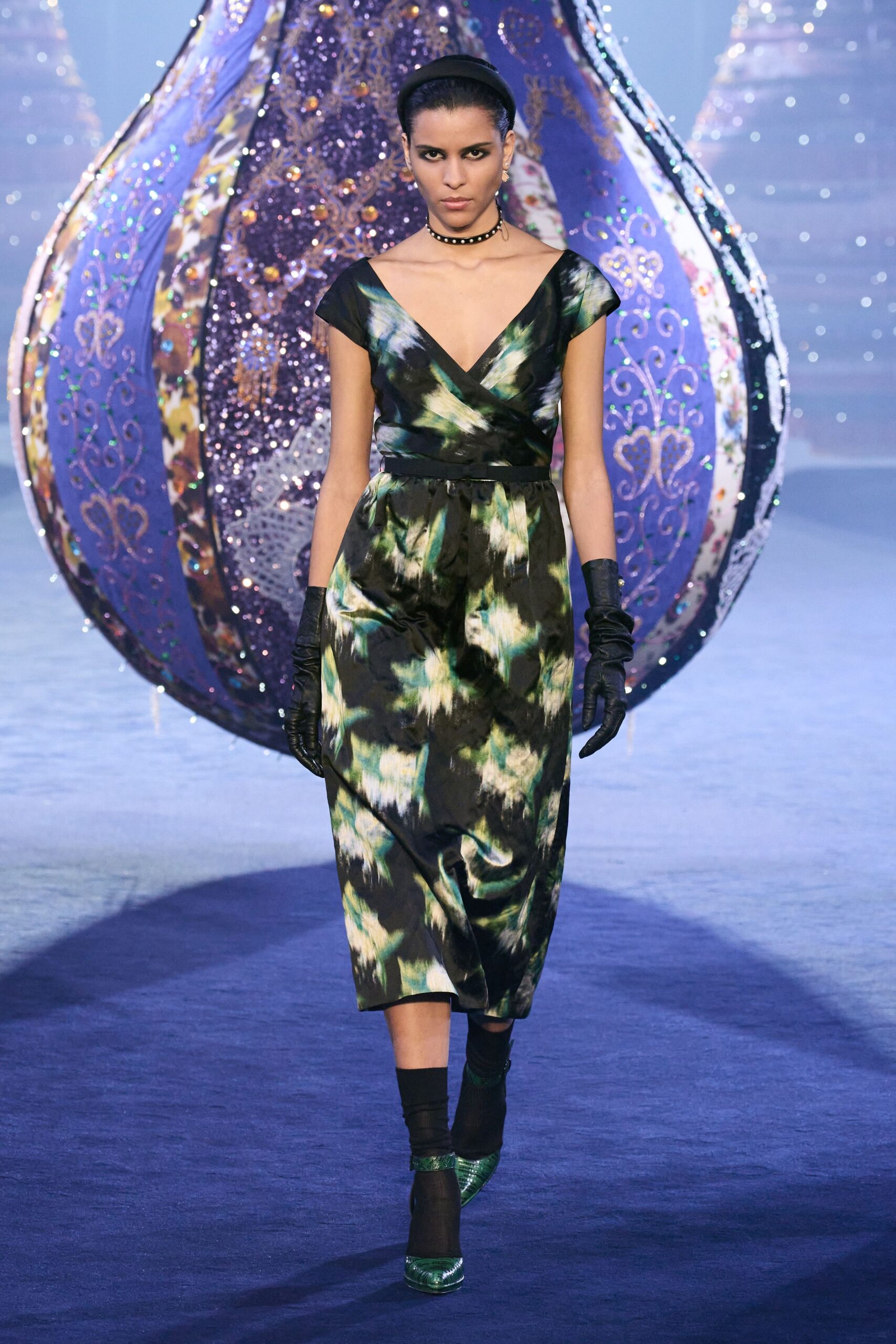 black and green midi dress with gloves