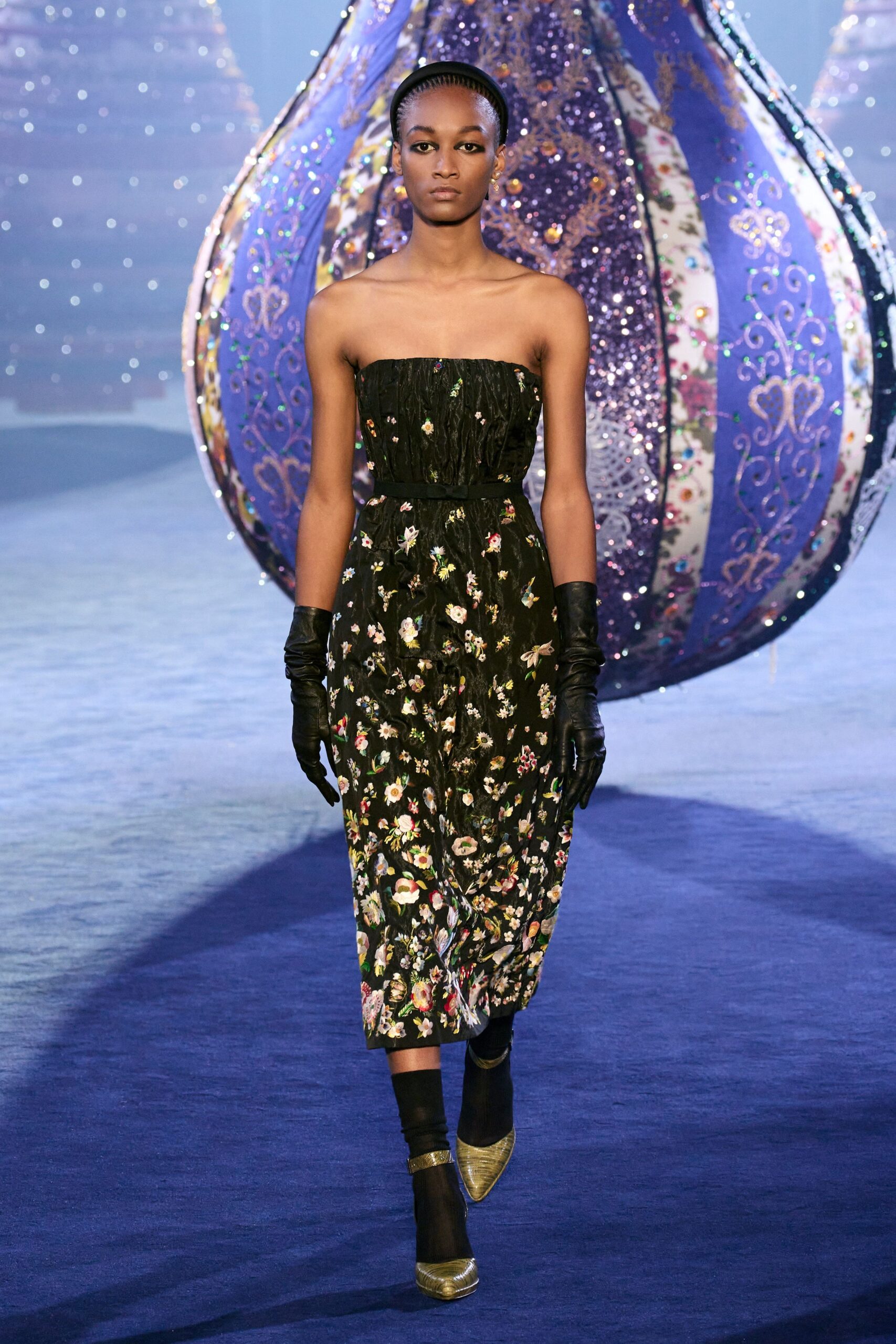 black floral midi dress with gloves