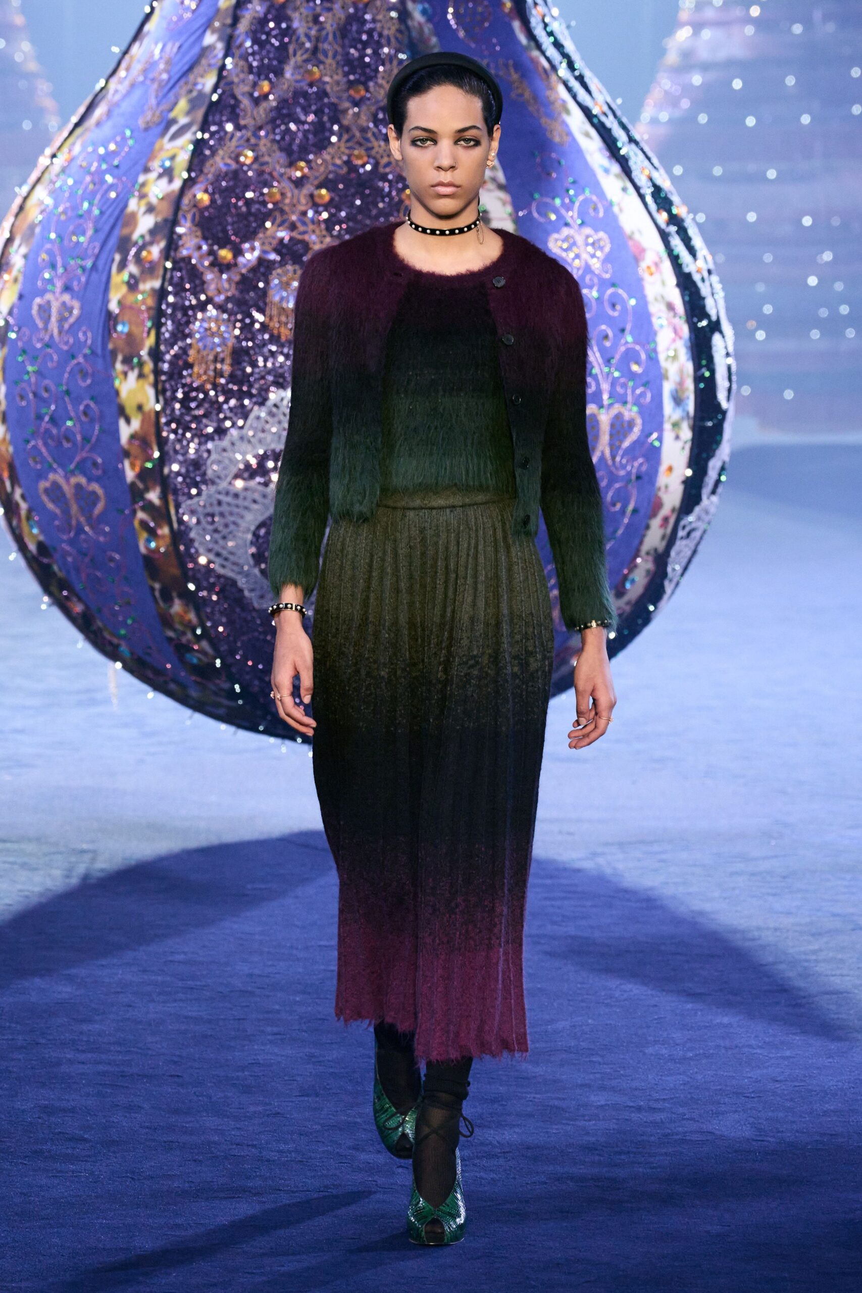 purple green layered cardigan outfit