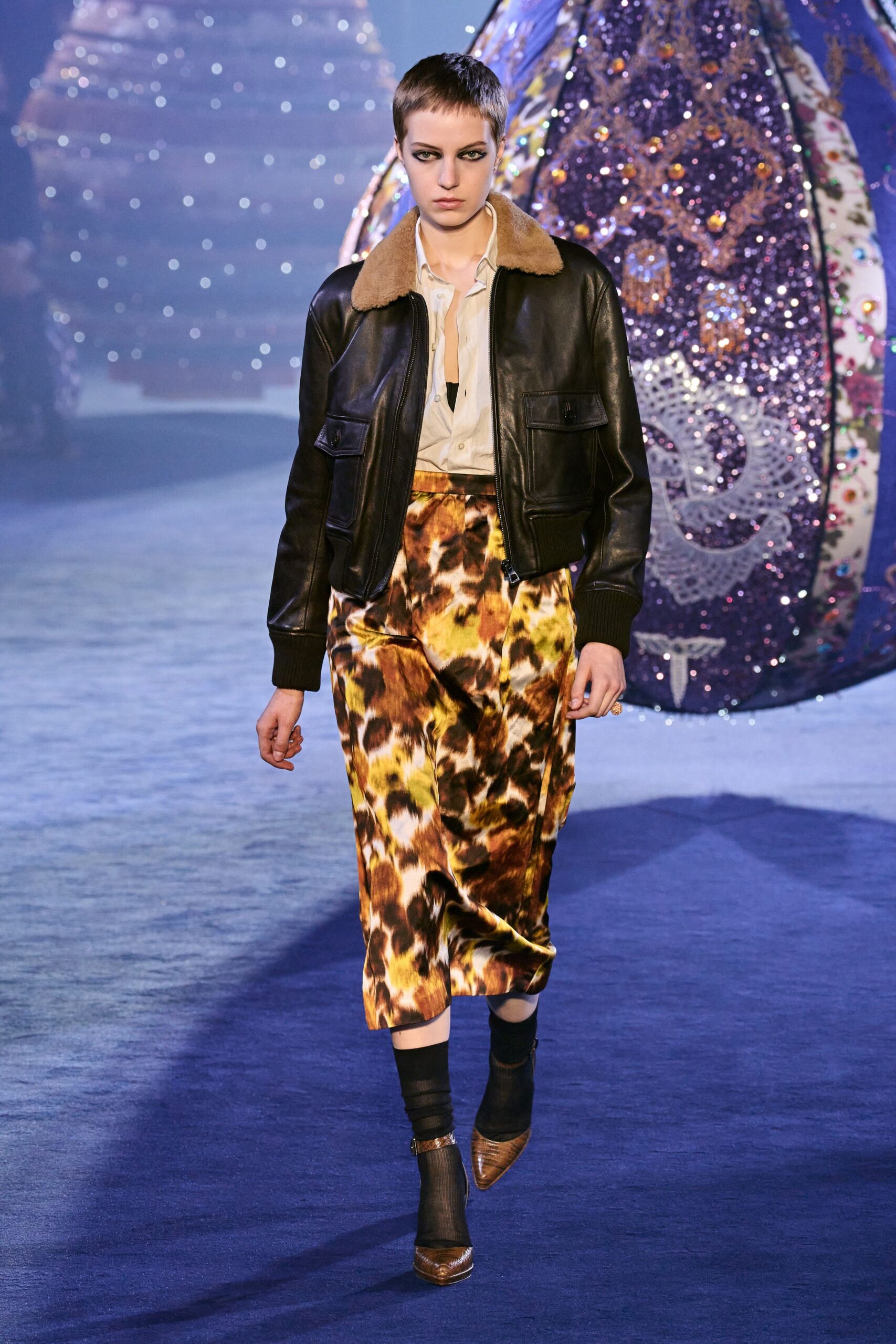 black leather jacket with midi skirt
