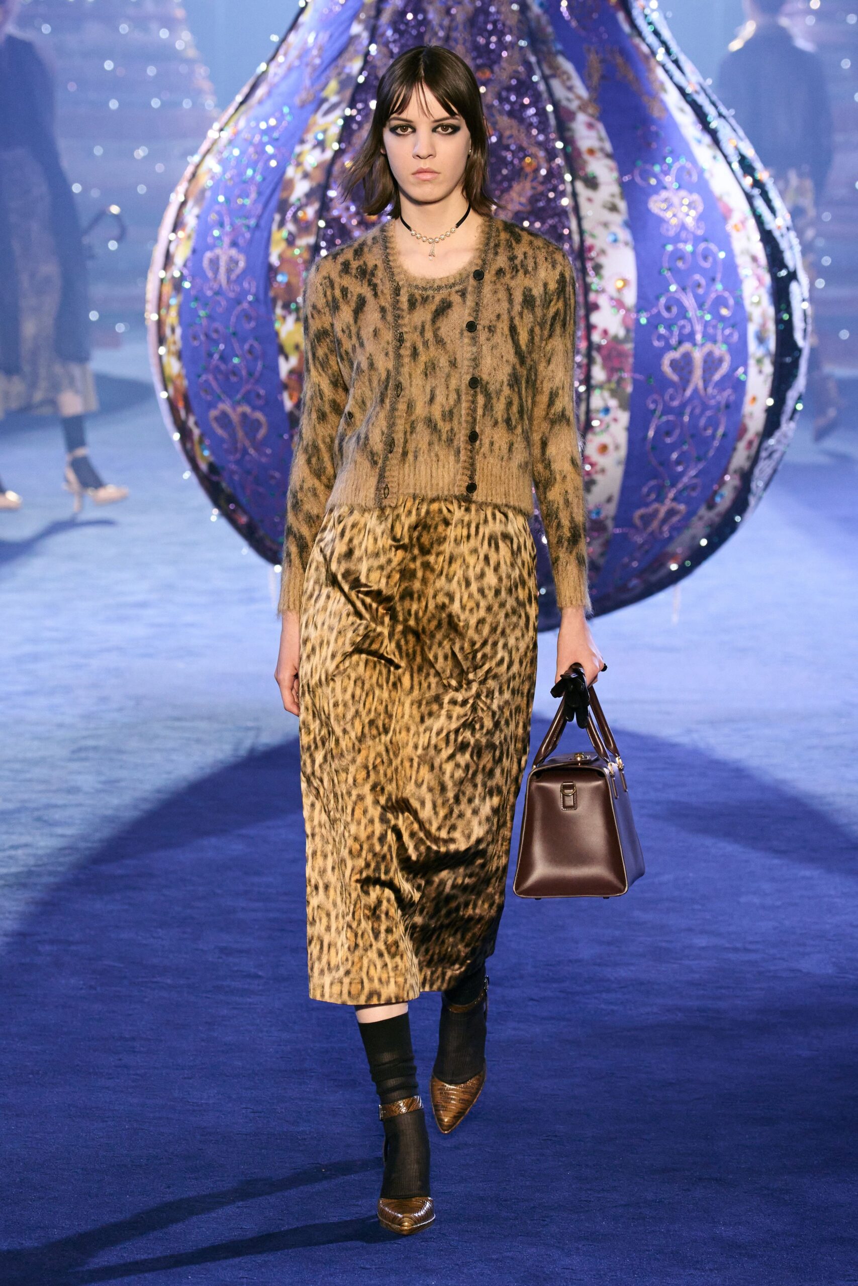 brown animal-print sweater and midi skirt
