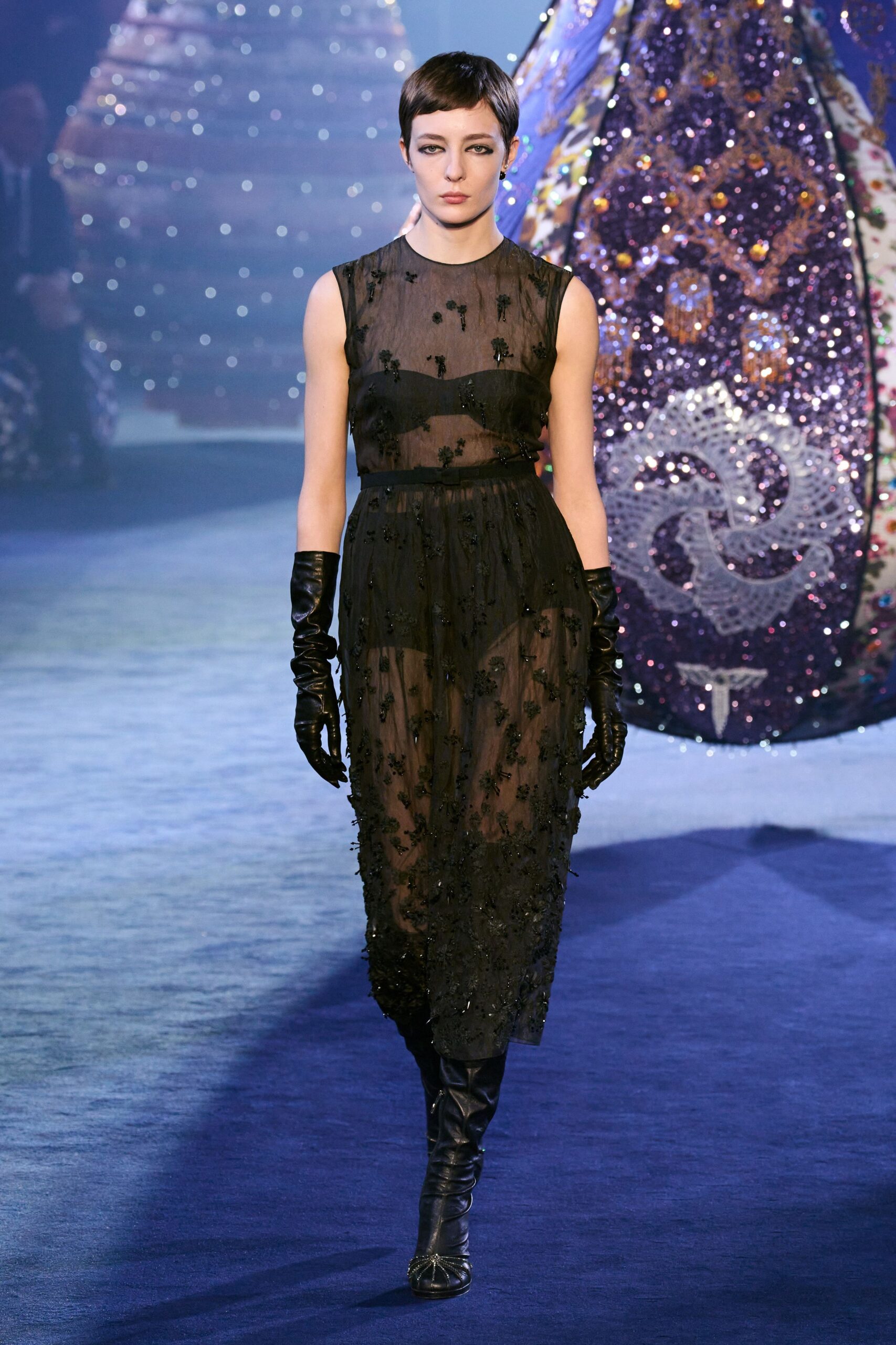 black sheer embroidered midi dress