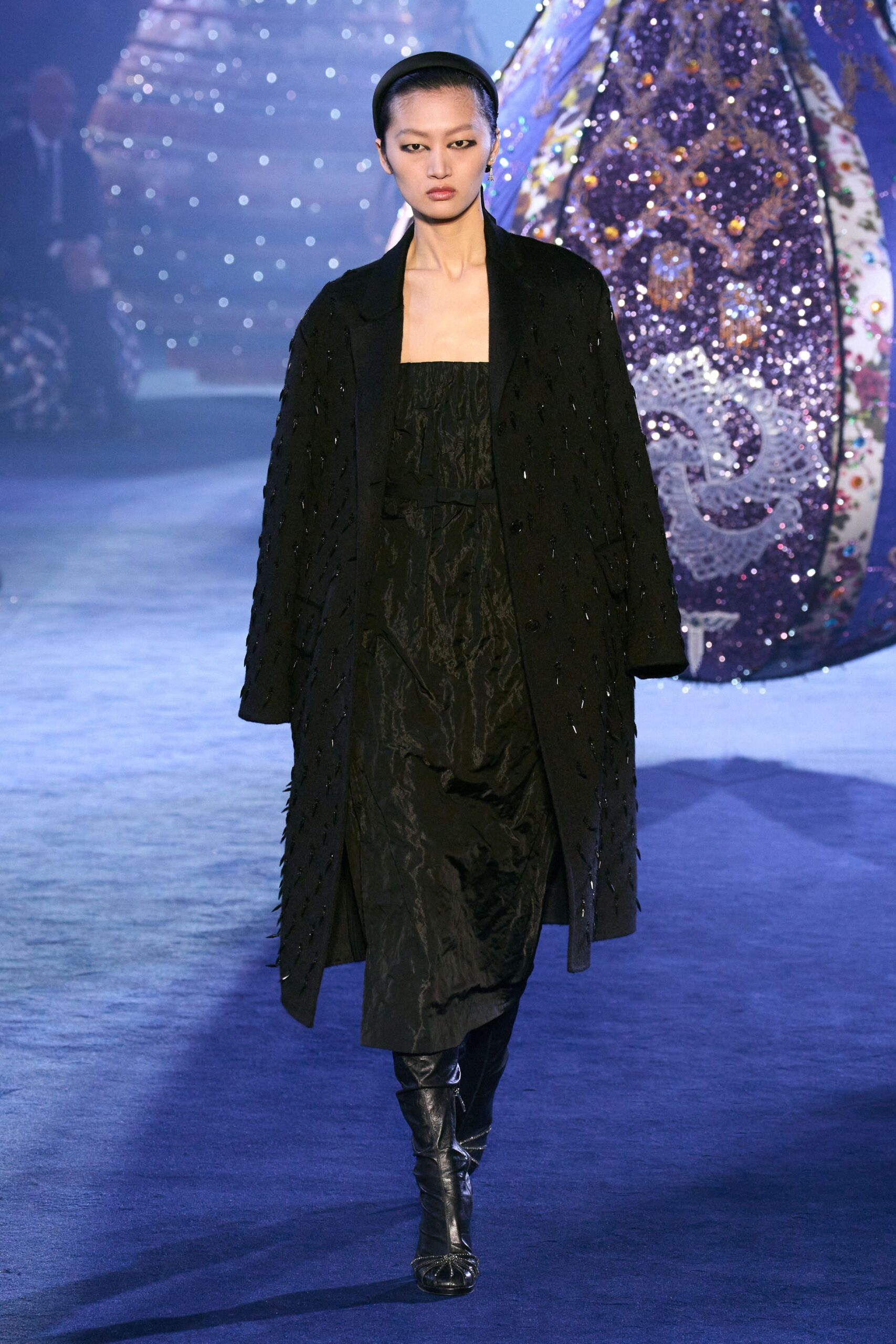 black wool coat black silk dress