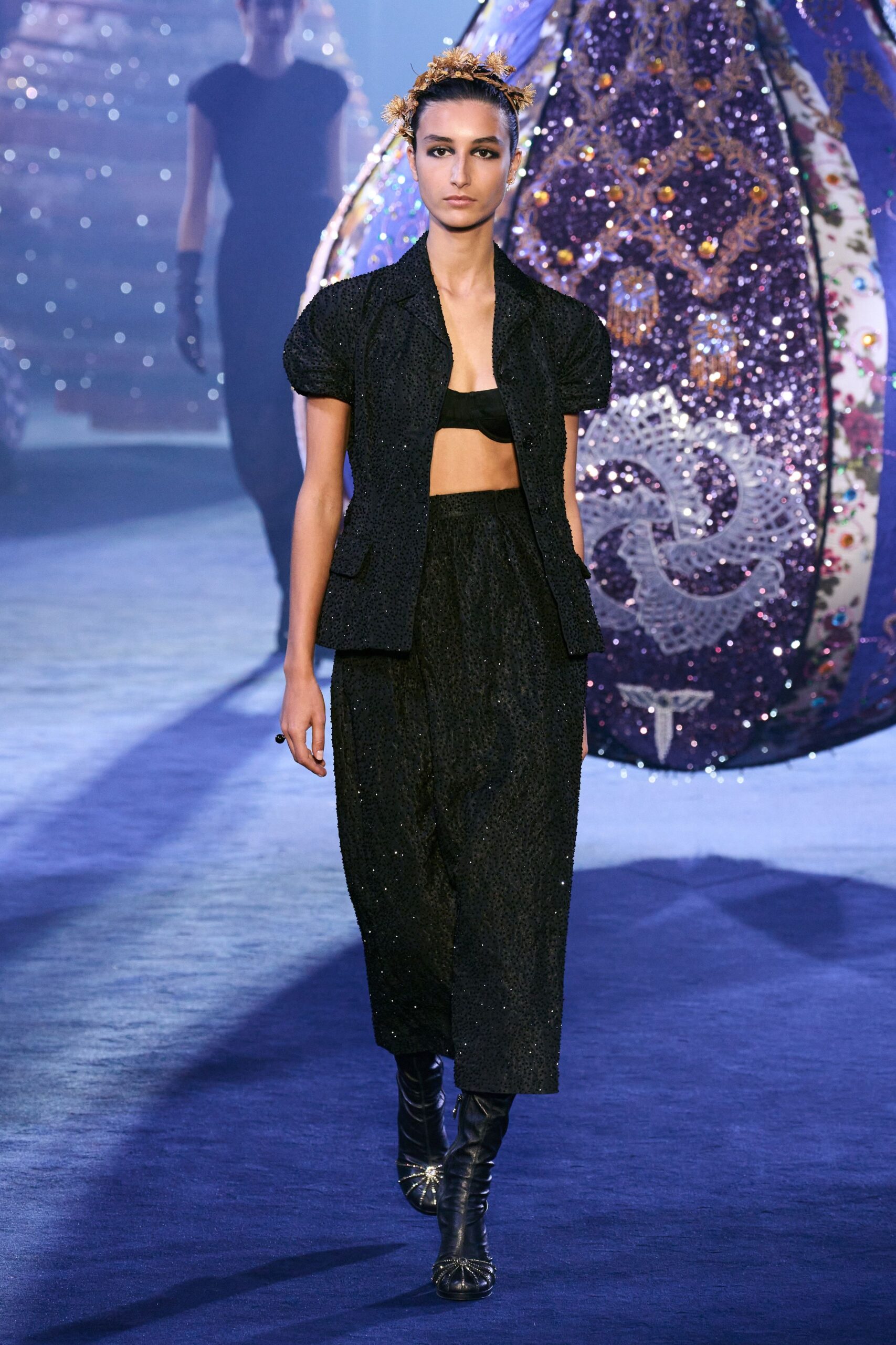black tailored blazer and relaxed pants