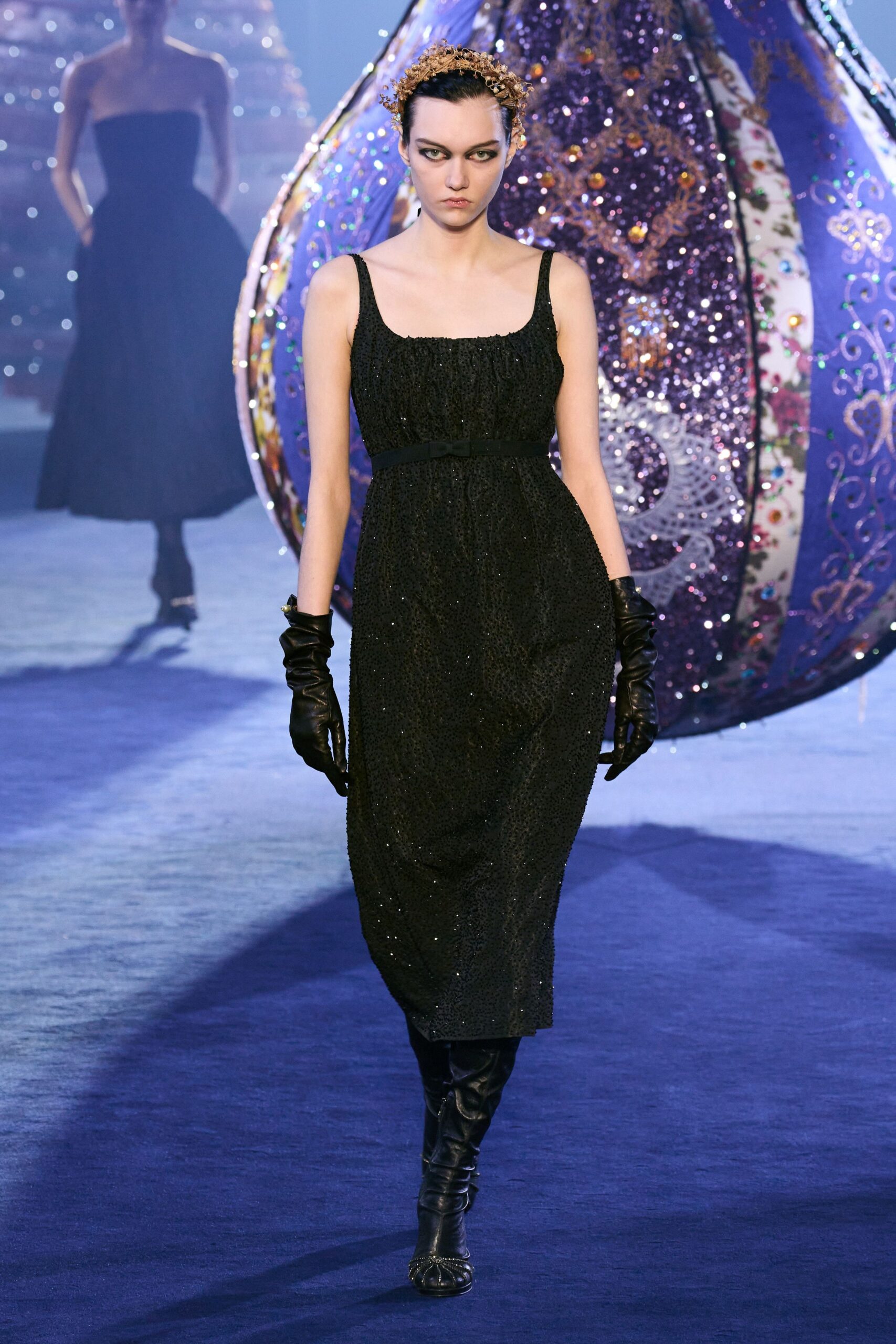 black sequined midi dress with gloves