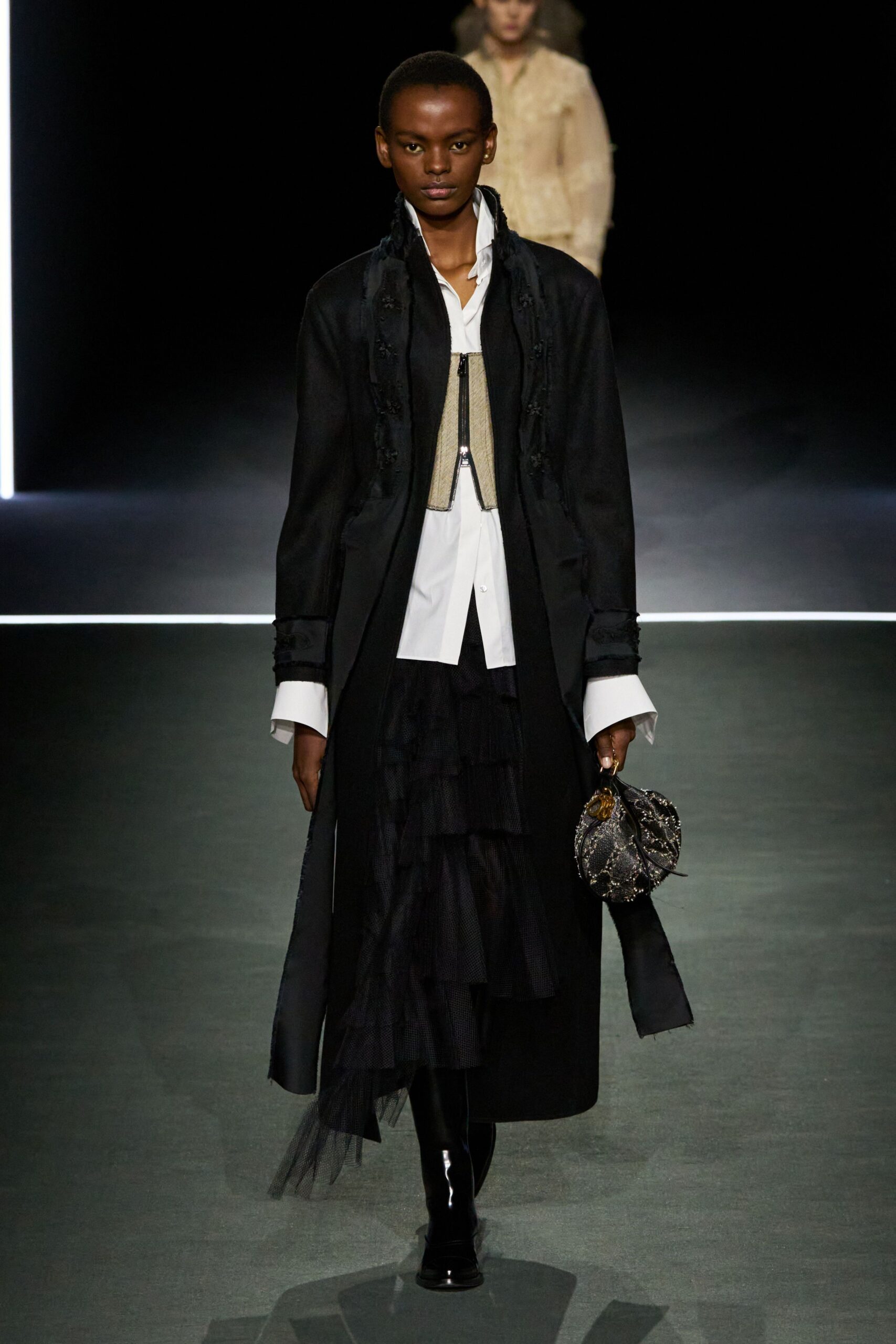 black wool long-sleeve collared relaxed layered maxi coat