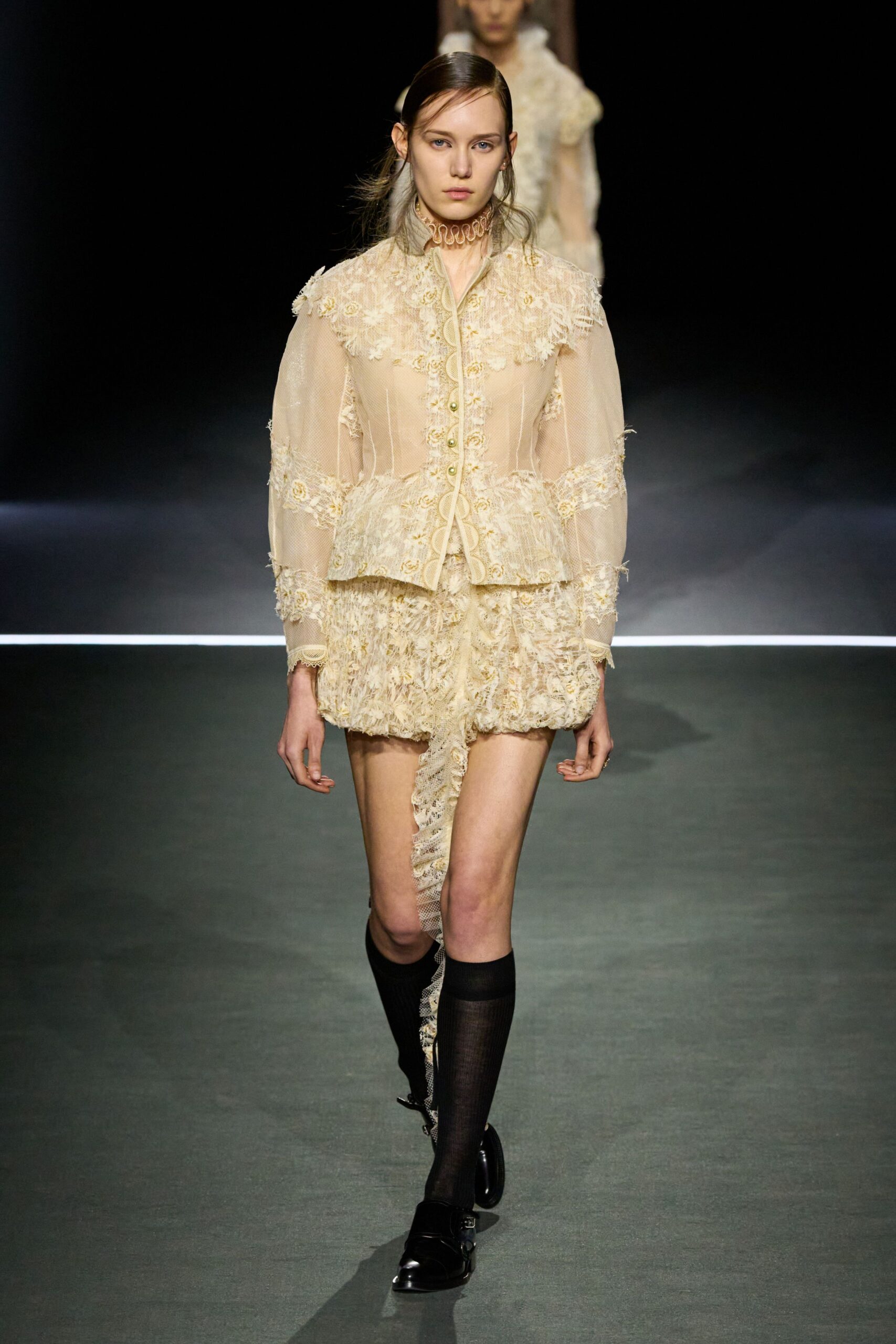 beige silk long-sleeve collared fitted ruffled embroidered dress