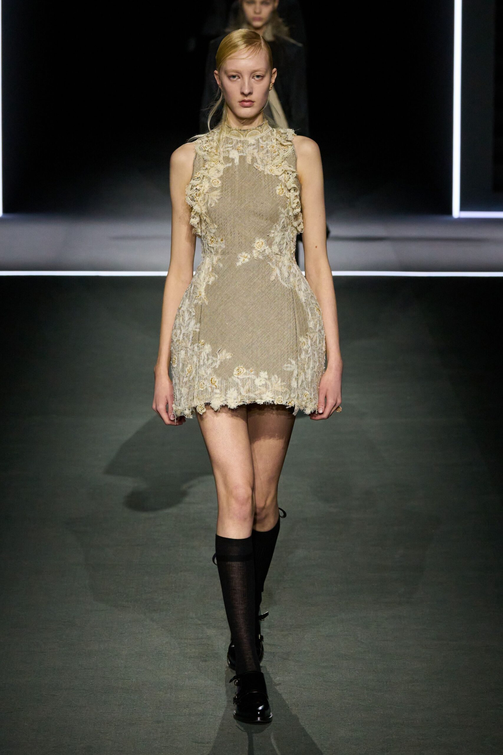 beige lace sleeveless high-neck fitted ruffled embroidered dress