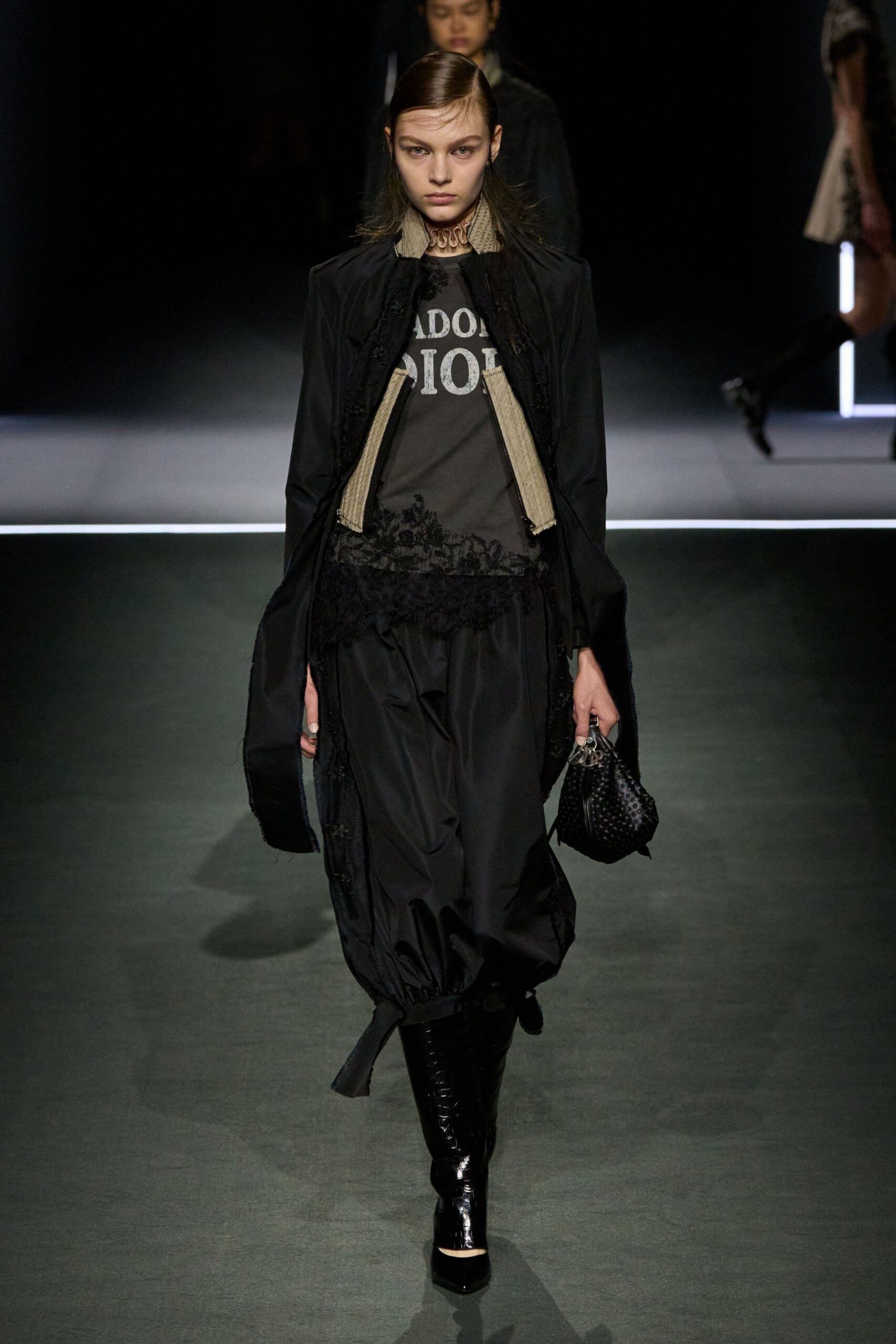 black silk long-sleeve collared relaxed layered coat