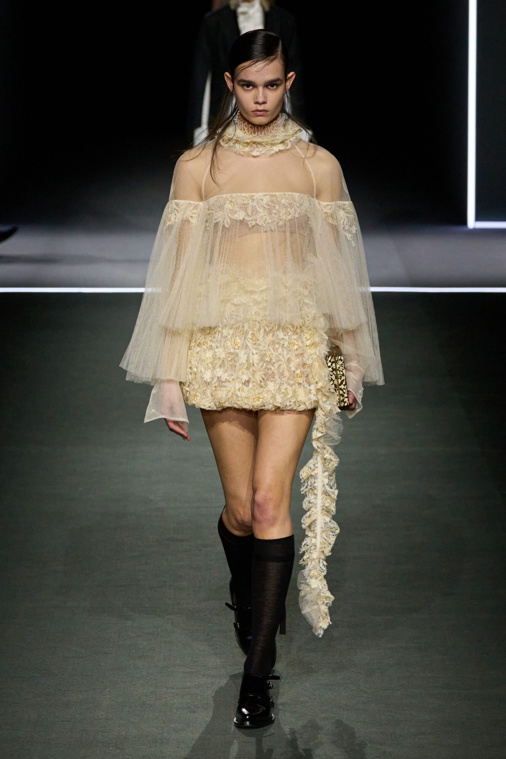 beige tulle off-shoulder long-sleeve fitted ruffled layered dress