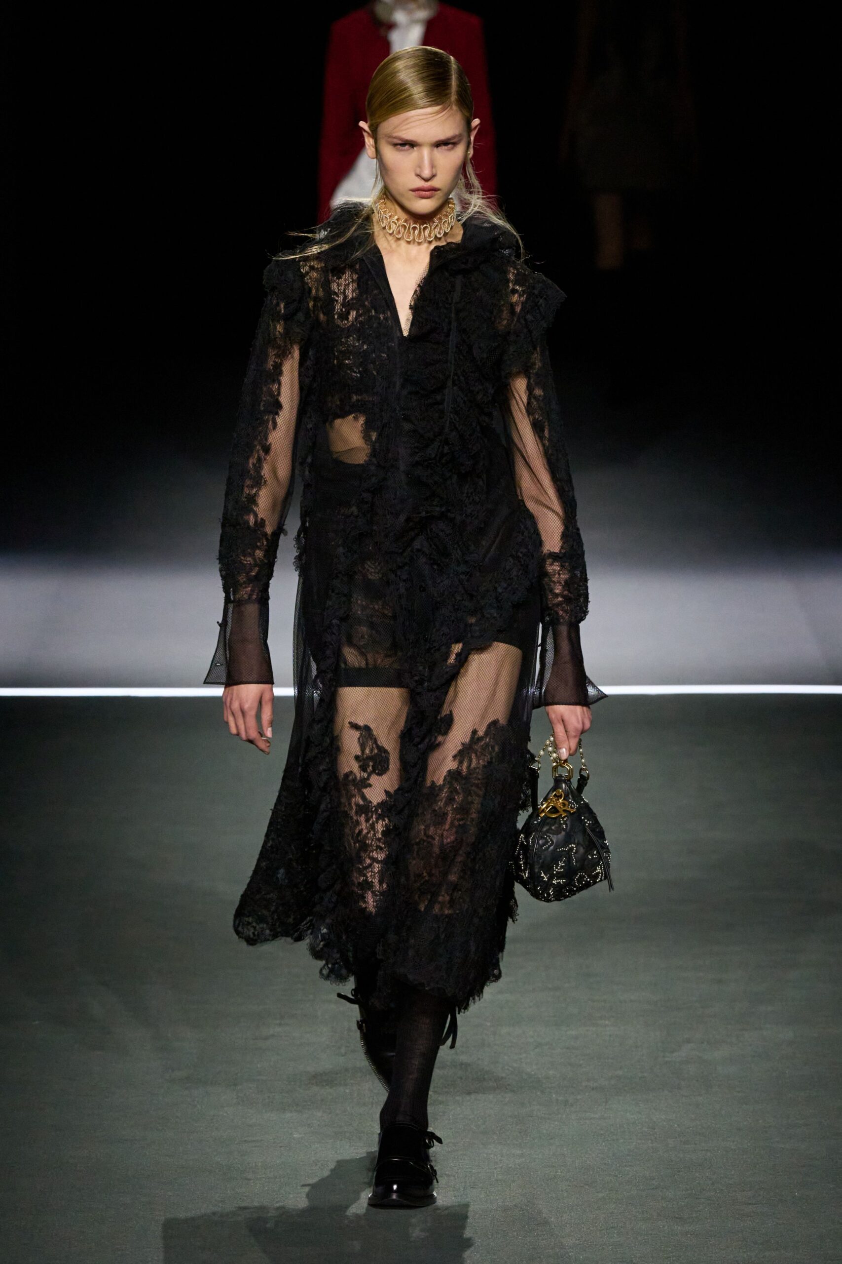 black lace long-sleeve collared fitted layered dress