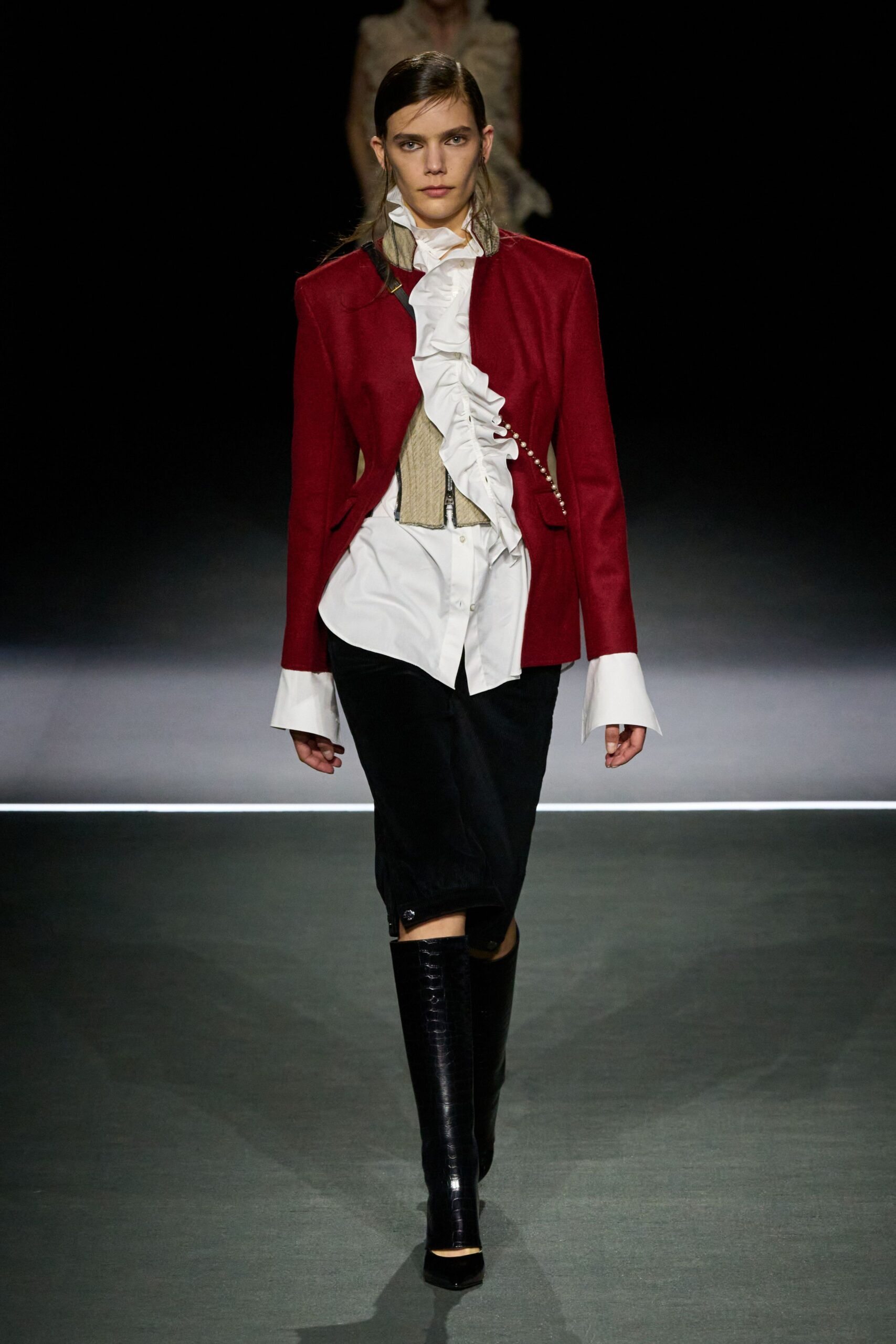 red wool long-sleeve collared structured buttoned blazer