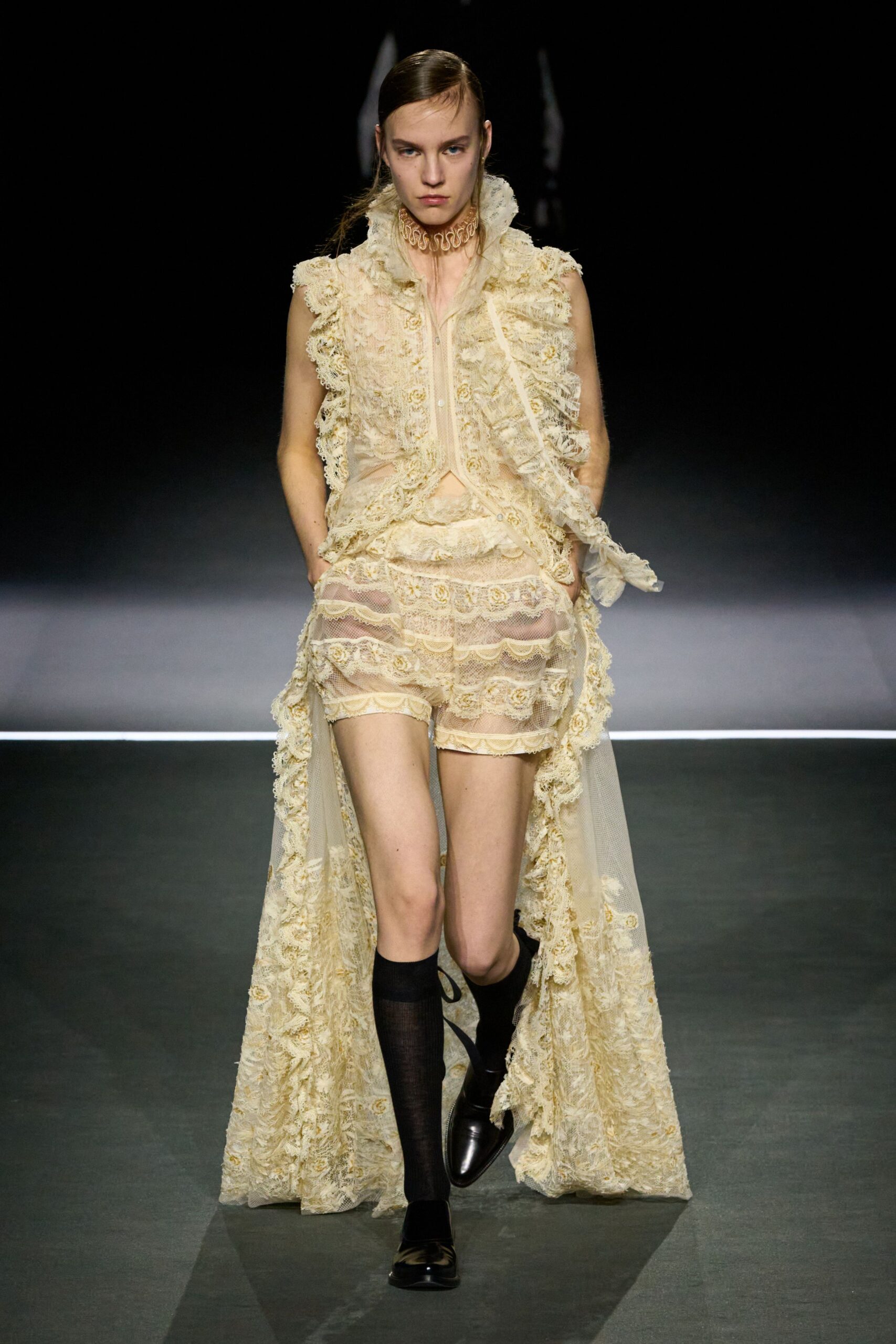 beige lace sleeveless v-neck fitted ruffled embroidered dress