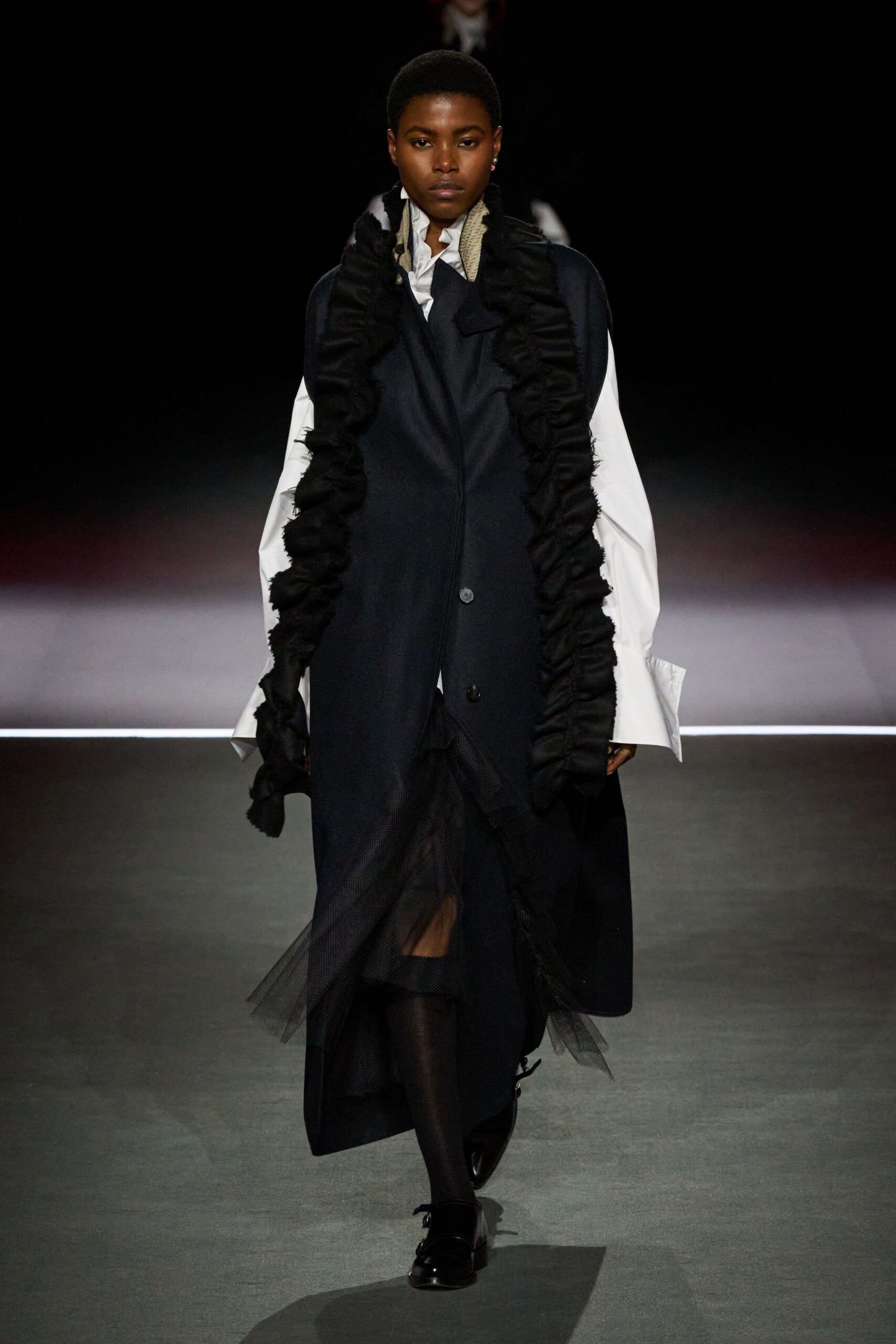 black wool long-sleeve collared relaxed ruffled maxi coat