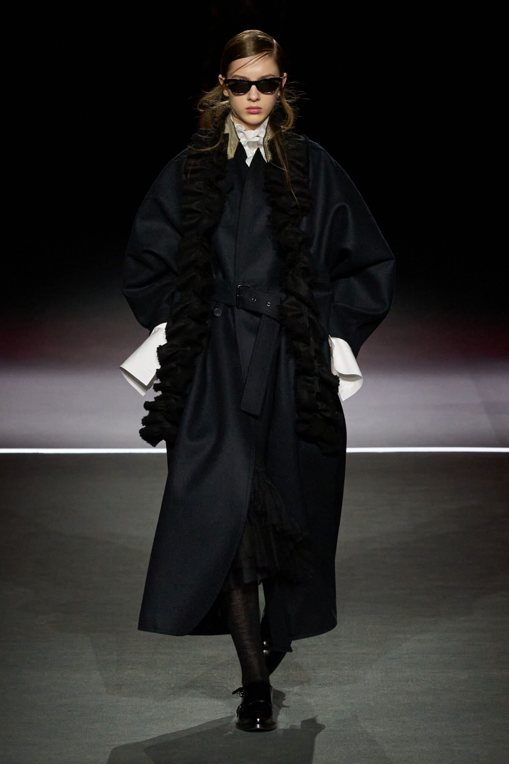 black wool long-sleeve collared oversized ruffled midi coat