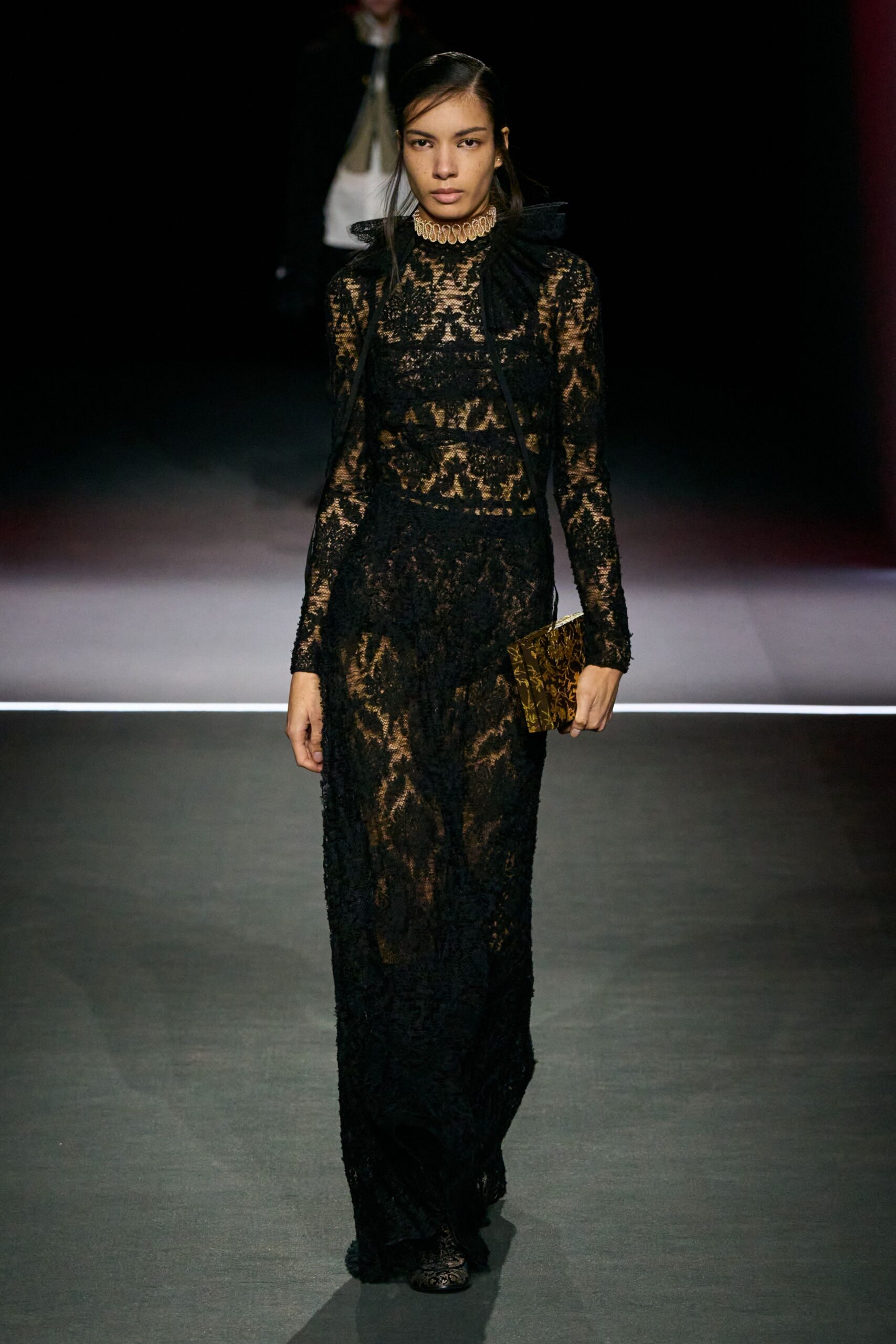 black lace long-sleeve high-neck fitted embroidered sheer gown