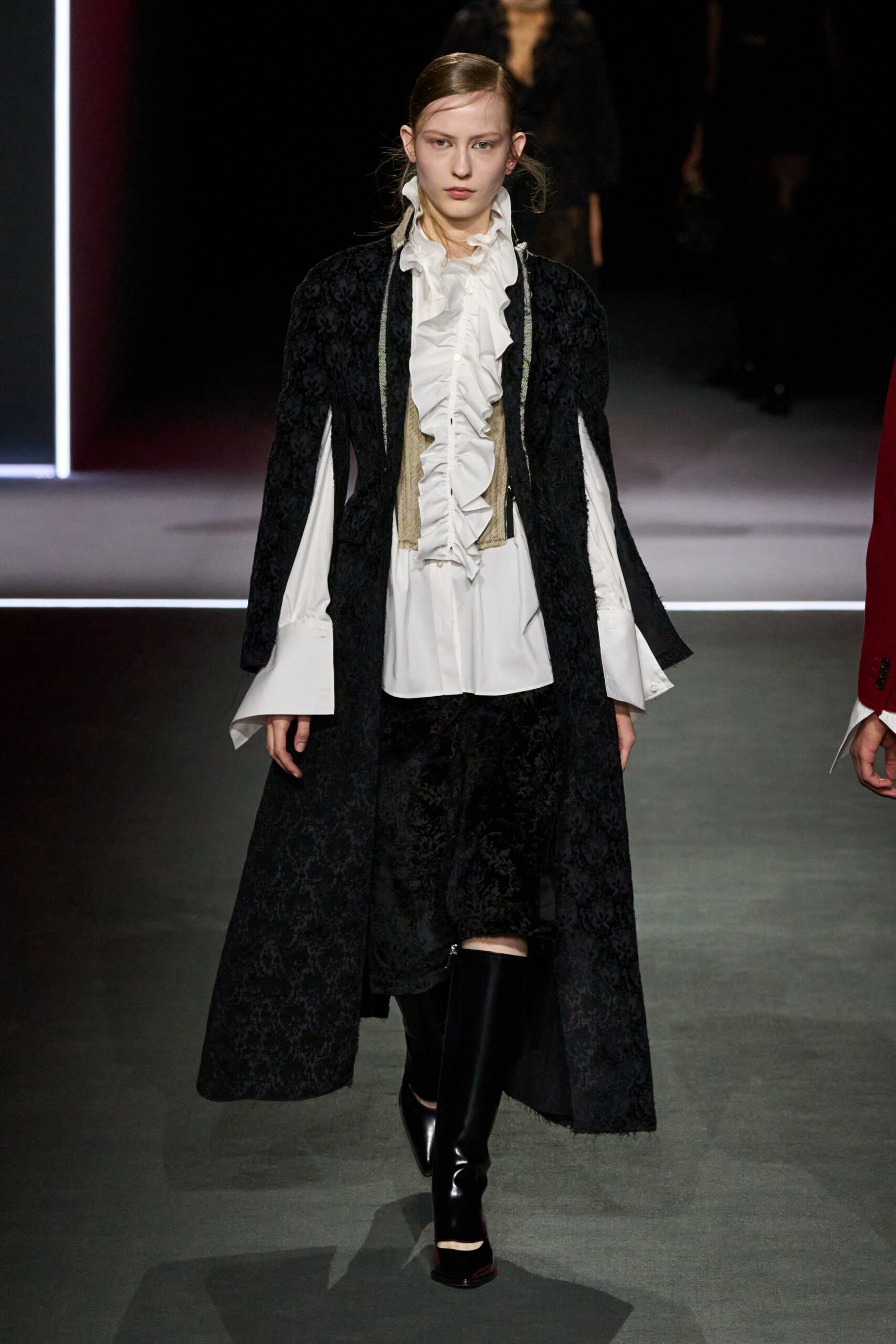 black silk long-sleeve collared relaxed layered coat