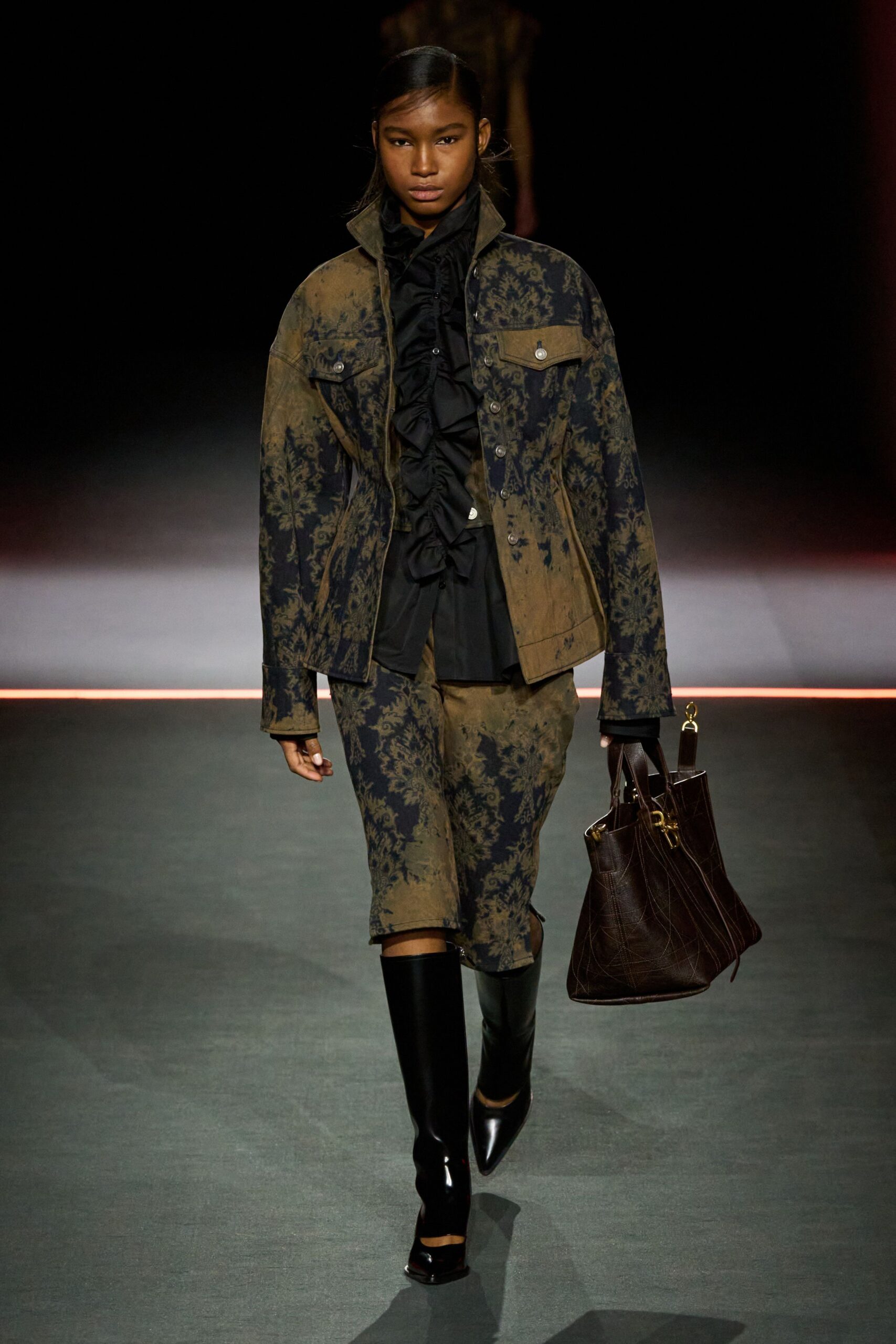 brown cotton long-sleeve collared relaxed printed jacket