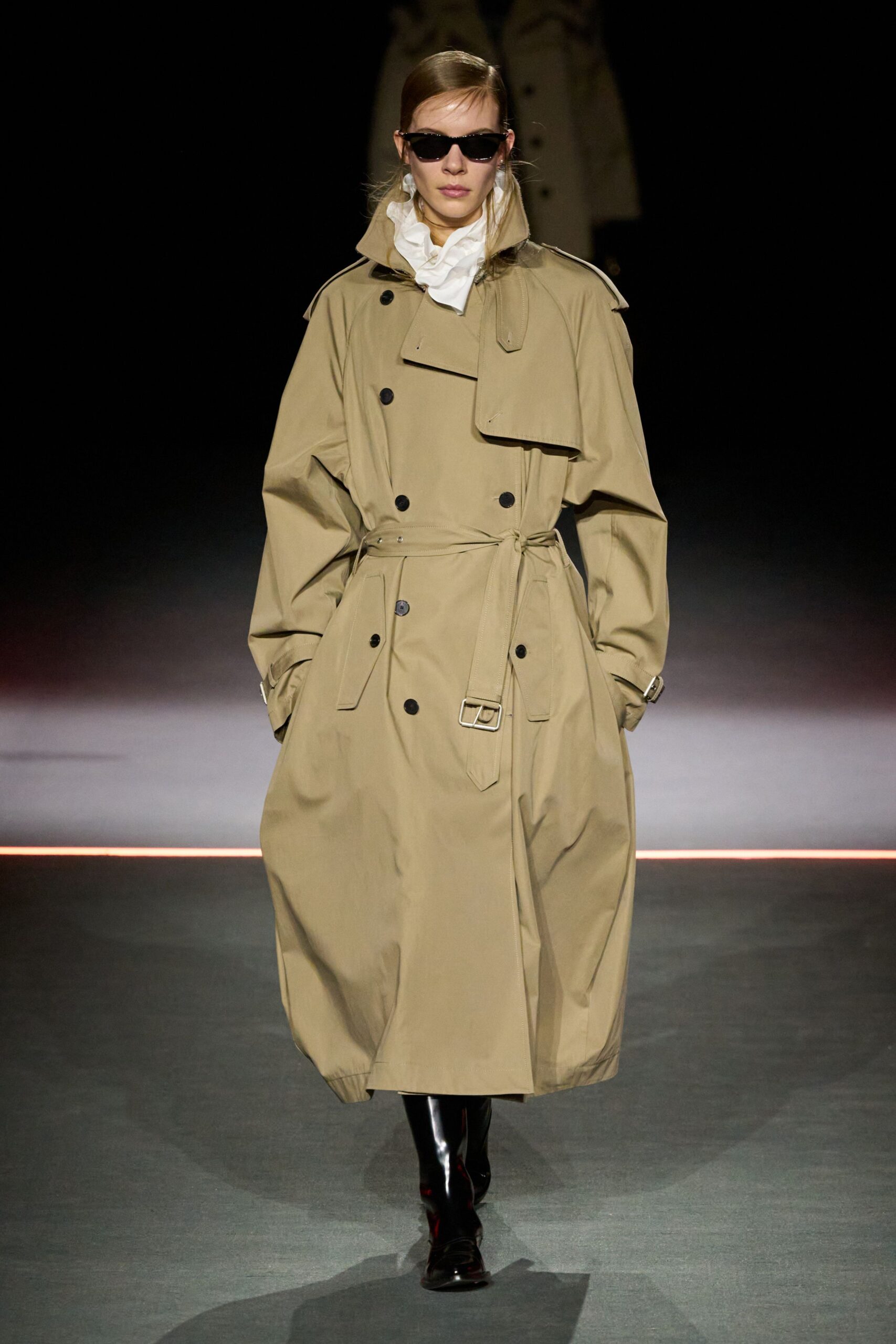 beige cotton long-sleeve collared oversized belted midi trench