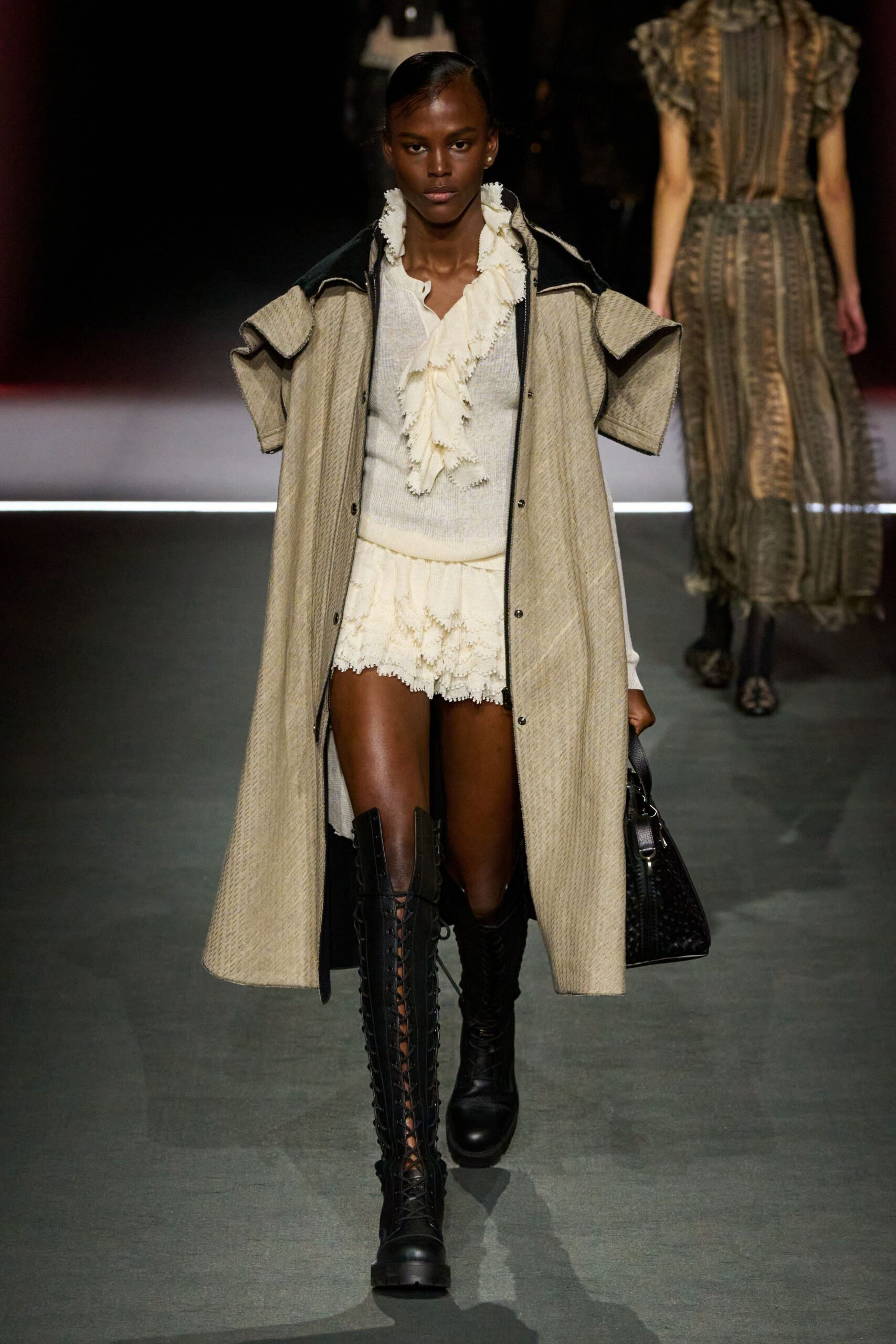 beige wool long-sleeve collared relaxed buttoned layered coat