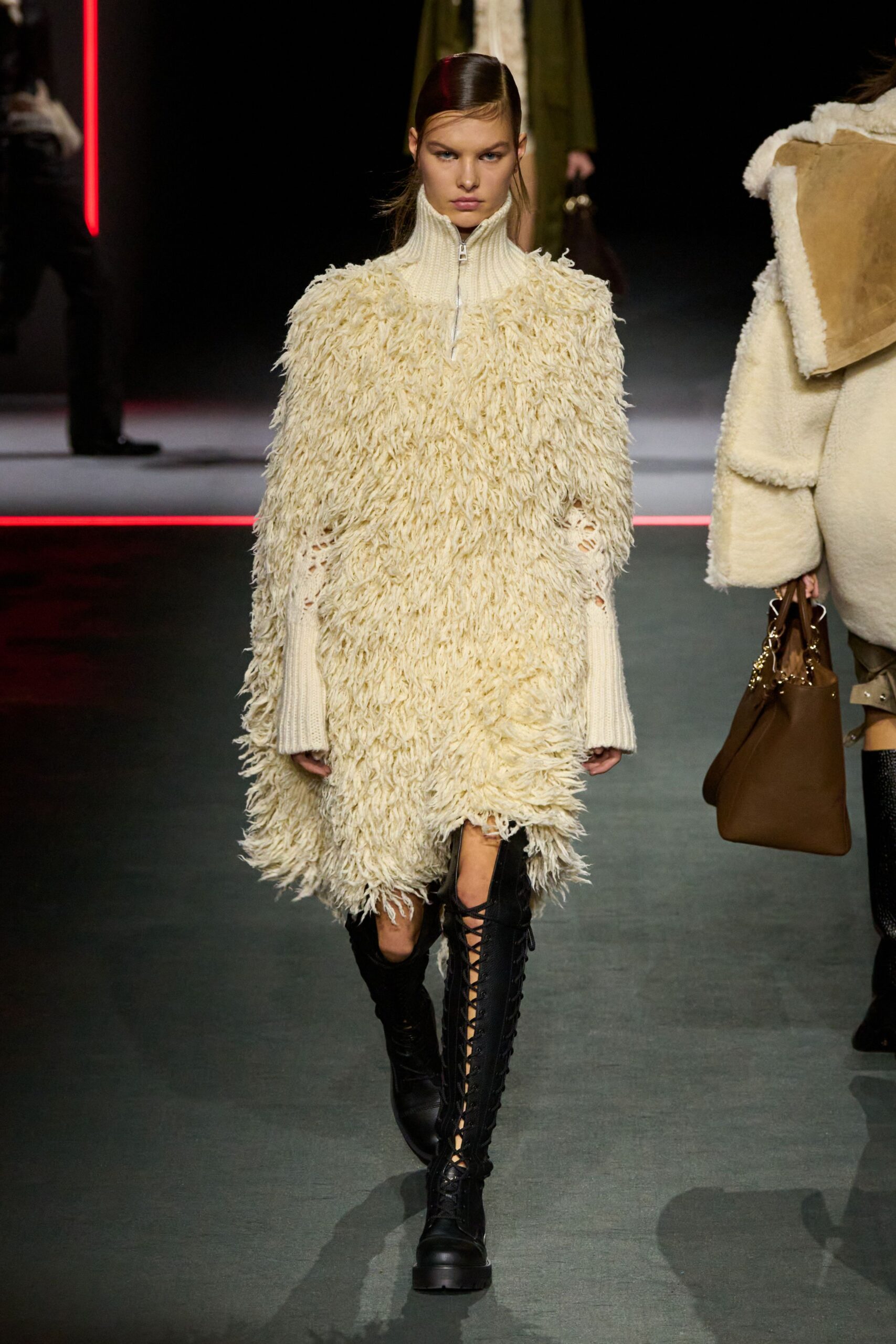 white wool long-sleeve high-neck relaxed fringed midi dress