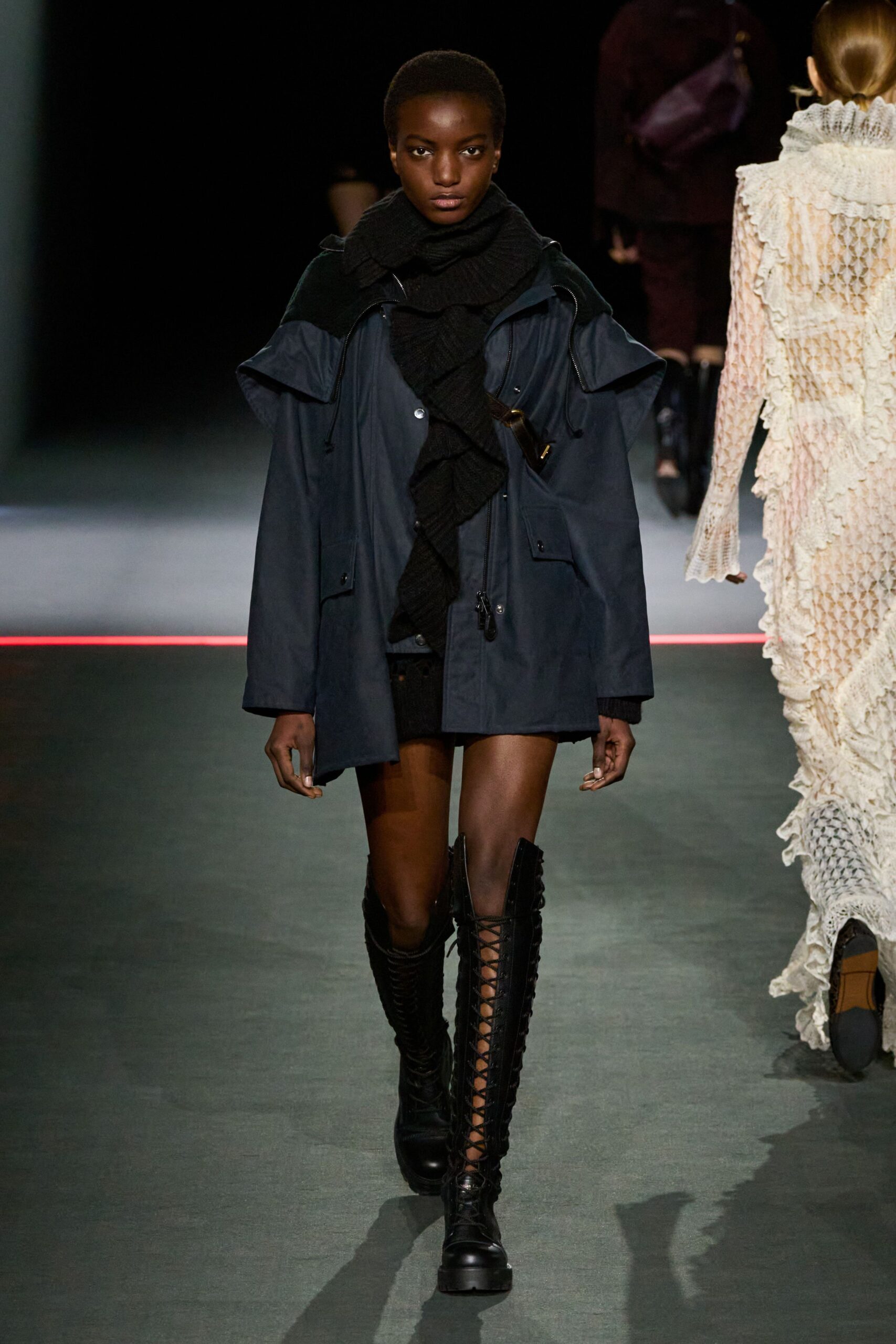 black cotton long-sleeve collared relaxed ruffled jacket