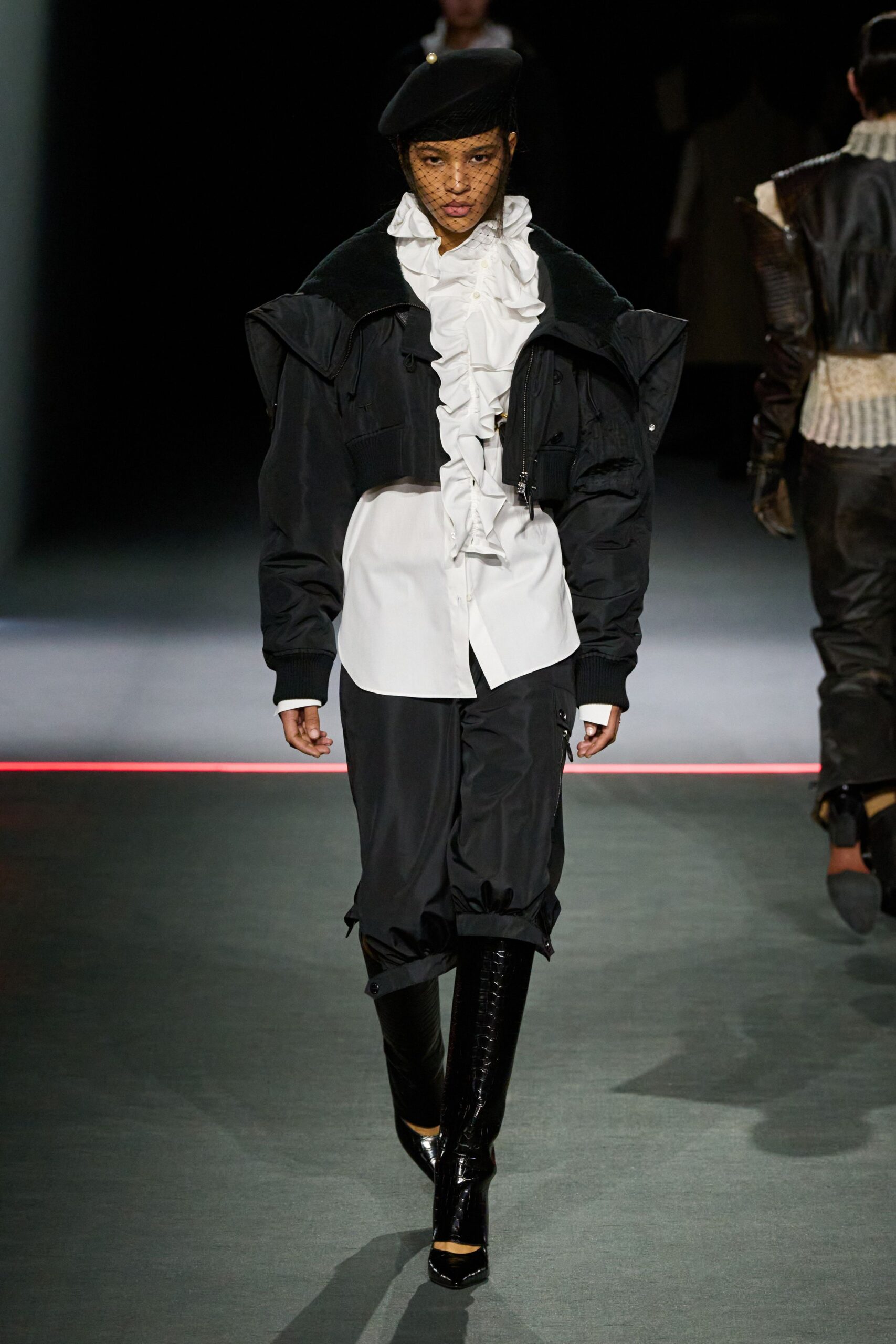 black cotton long-sleeve collared oversized ruffled jacket