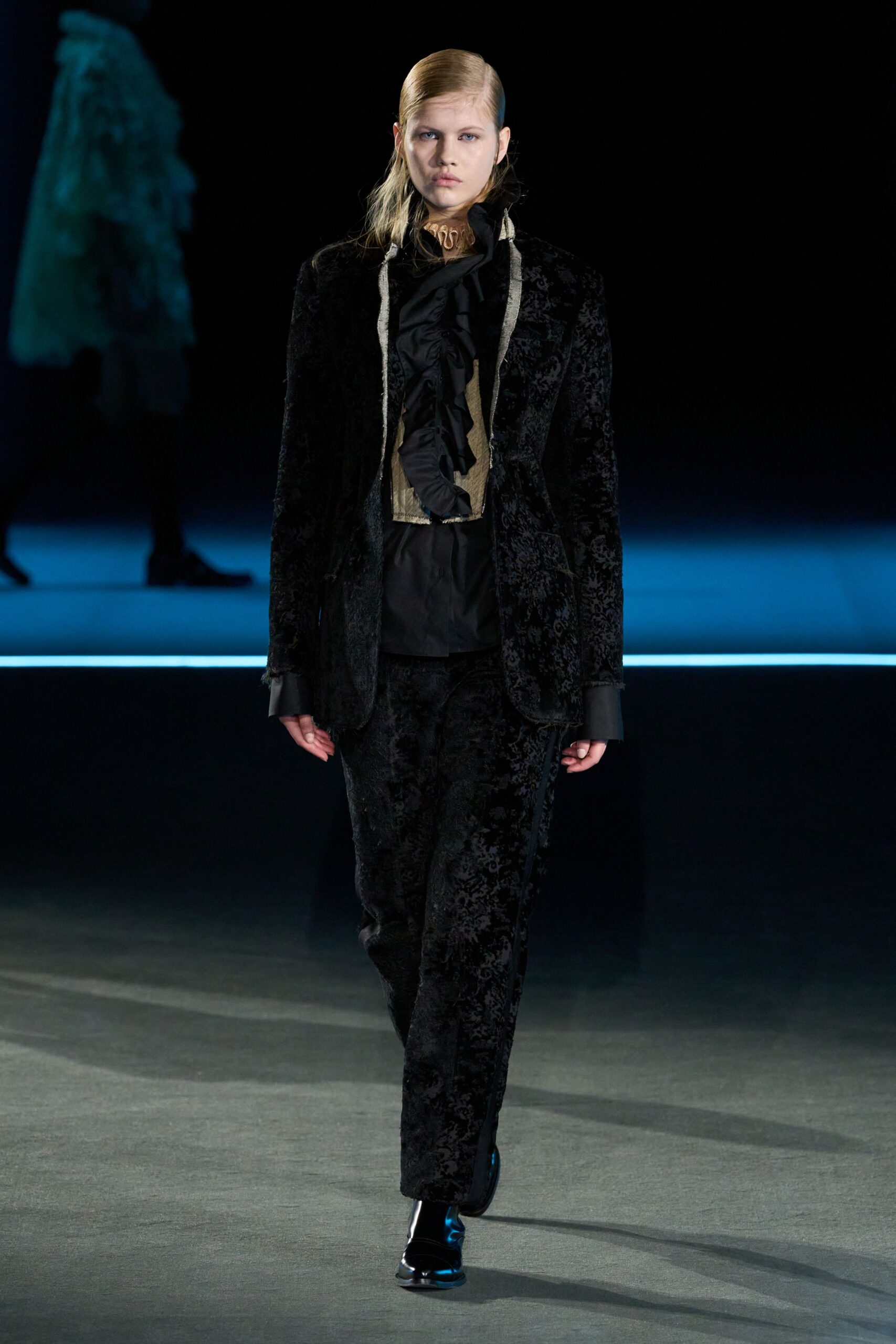 black silk long-sleeve collared fitted ruffled shirt