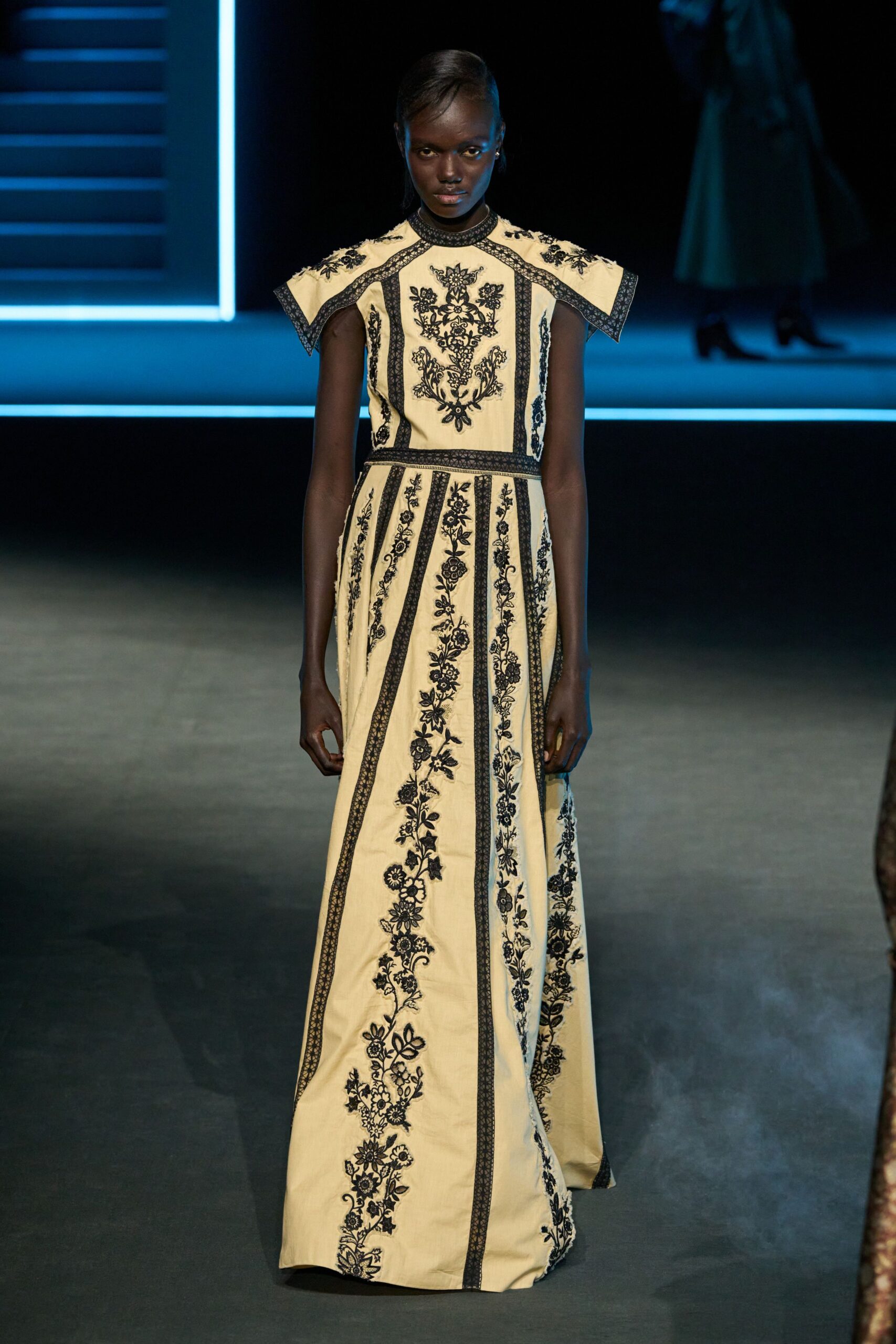 yellow black embroidered maxi gown