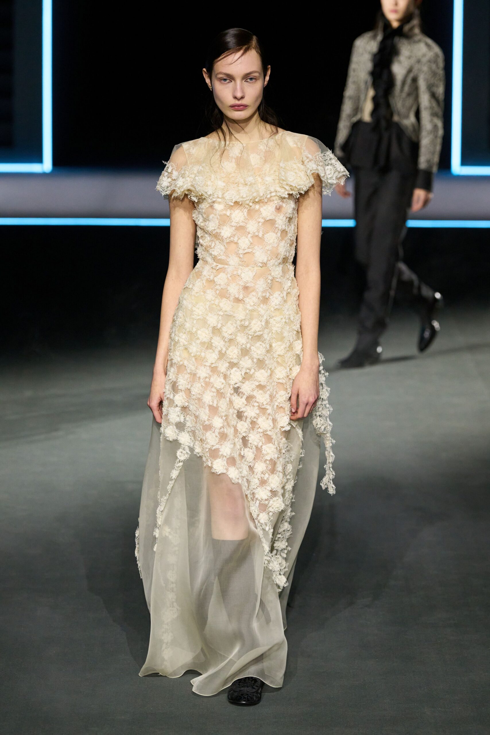 beige lace off-shoulder dress