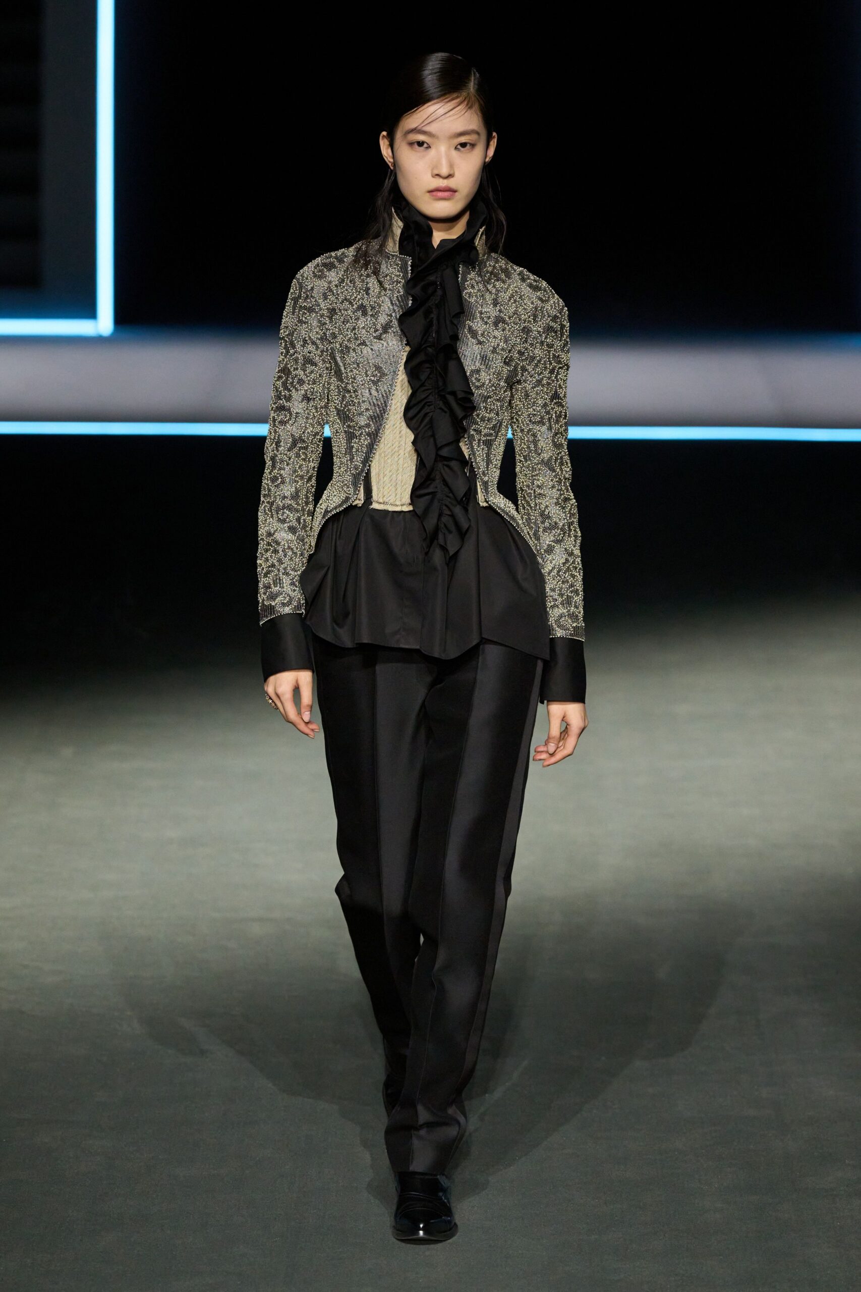 black silk long-sleeve collared fitted ruffled embroidered jacket
