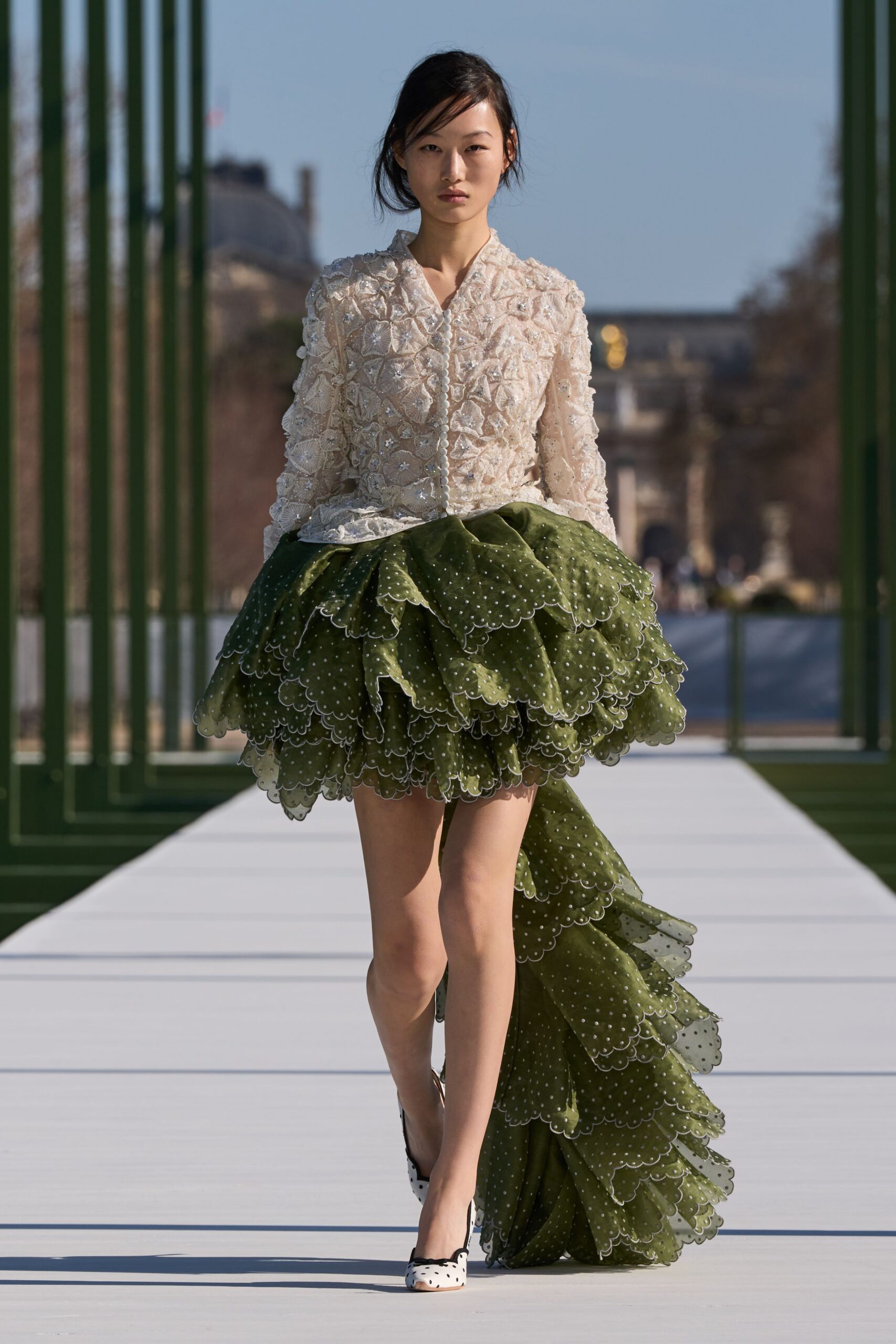 ivory silk long-sleeve collared fitted ruffled embroidered dress